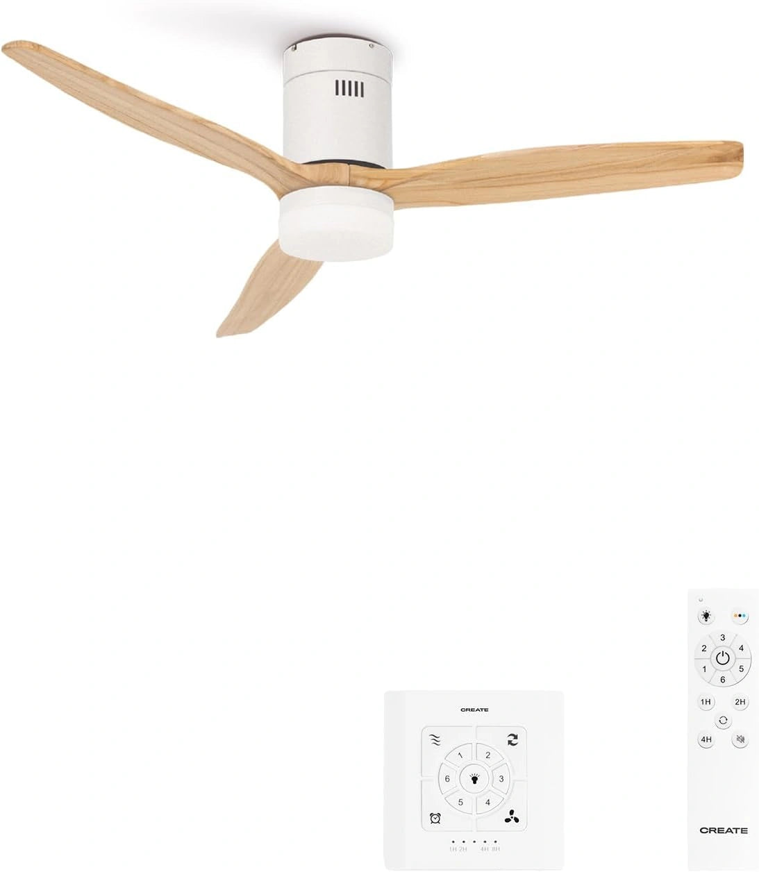 CREATE / WINDCALM M/Ventilateur de plafond ABS avec lumi¨¨re et t¨¦l¨¦commande et contr?leur mural blanc pales effet bois clair / 40 W, ?132 cm