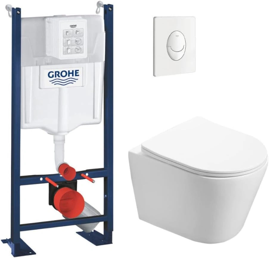 WC Suspendu Pack Complet Accessoires - Pack WC Grohe Bati autoportant, Plaque blanc alpin, WC sans bride SAT Infinitio, Abattant softclose, M¨¦canisme
