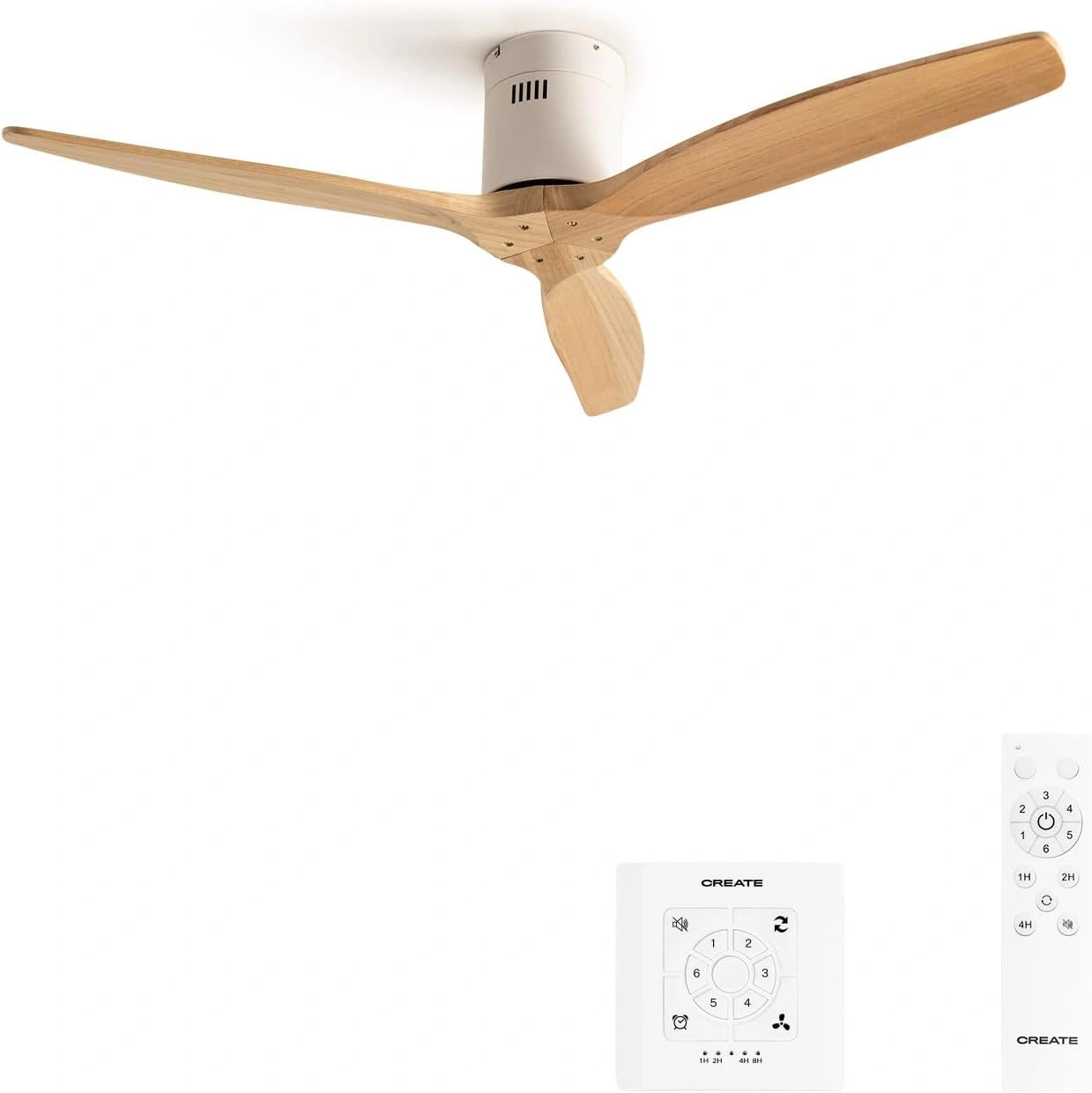 CREATE / WINDCALM M/Ventilateur de plafond ABS avec t¨¦l¨¦commande et contr?leur mural blanc pales effet bois clair / 40 W, ?132 cm, 6 vitesses