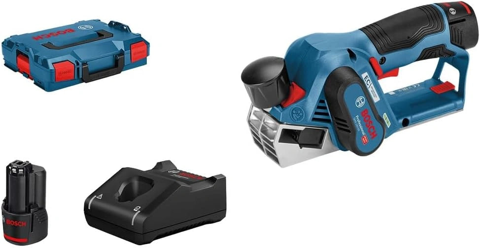 Bosch Professional 12 V System rabot sans-fil GHO 12 V-20 (largeur de rabotage maxi: 56 mm, avec 2 batteries de 3,0 Ah, 2 fers de rabot, L-BOXX)