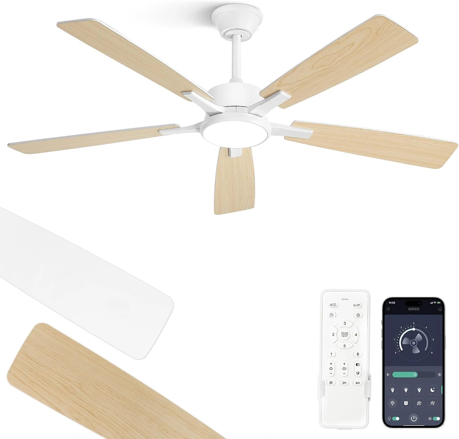 ZMISHIBO Ventilateur de plafond avec lumi¨¨re 132 cm, 5 pales, LED 3CCT dimmable, Plafonnier ventilateur, application et t¨¦l¨¦commande, R¨¦versible
