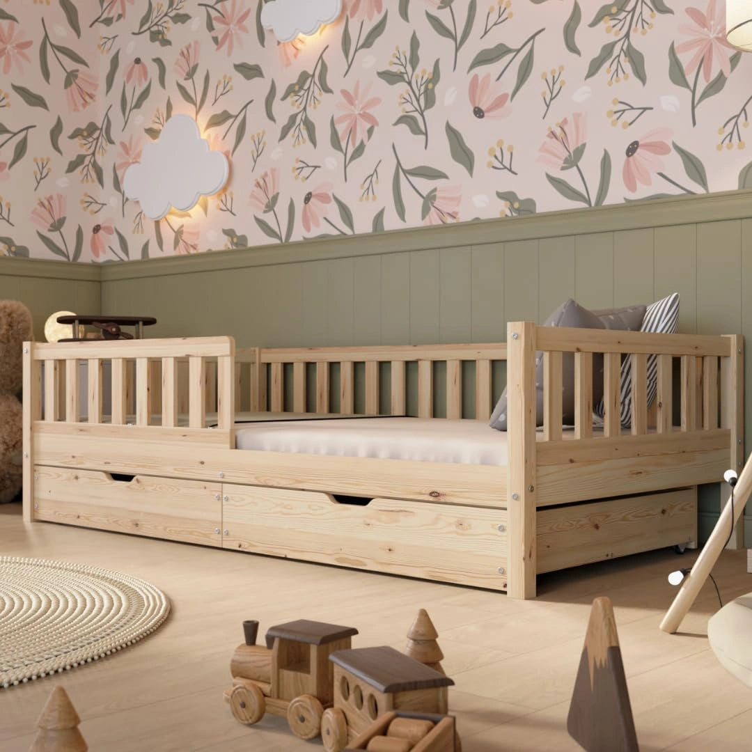 Lit Enfant avec Tiroirs Montessori Crazy Basic 90x190 cm Nature, matelas, 140 cm, 120 cm