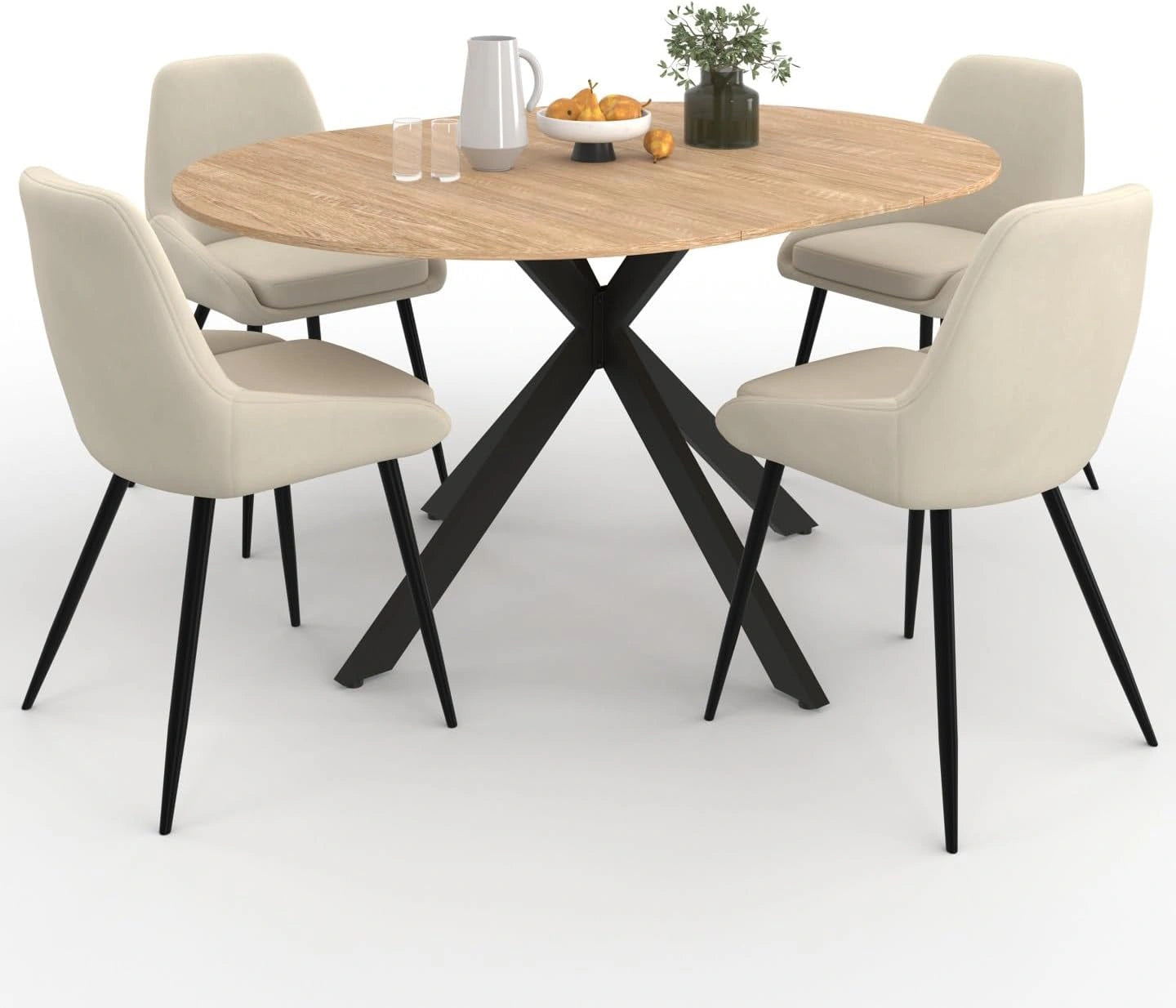 IDMarket - Ensemble Table ¨¤ Manger Extensible Ronde Alix et 4 chaises, 4 chaises thalya velours beige, bois et noir, Table ¨¤ manger 110-150 cm