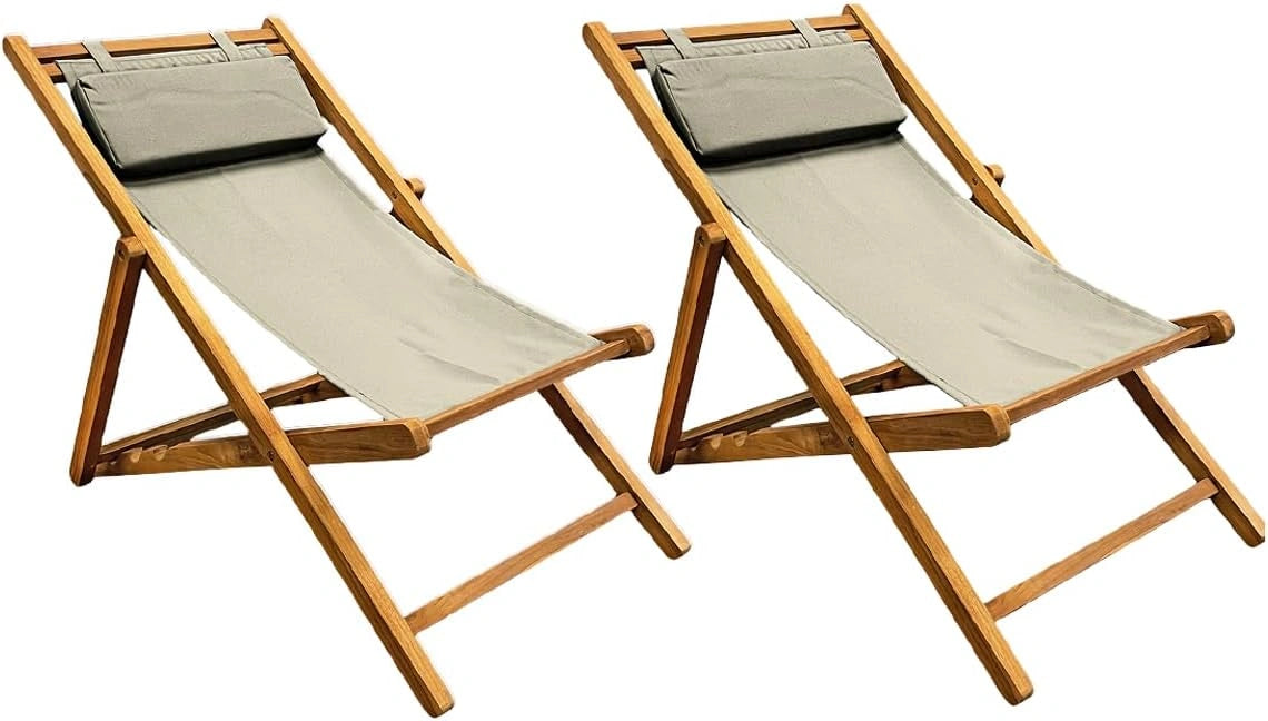 Lot de 2 chaises longues pliantes / Chiliennes / Transats de jardin en bois de teck massif huil¨¦ dossier r¨¦glable 3 niveaux avec toile vert/gris