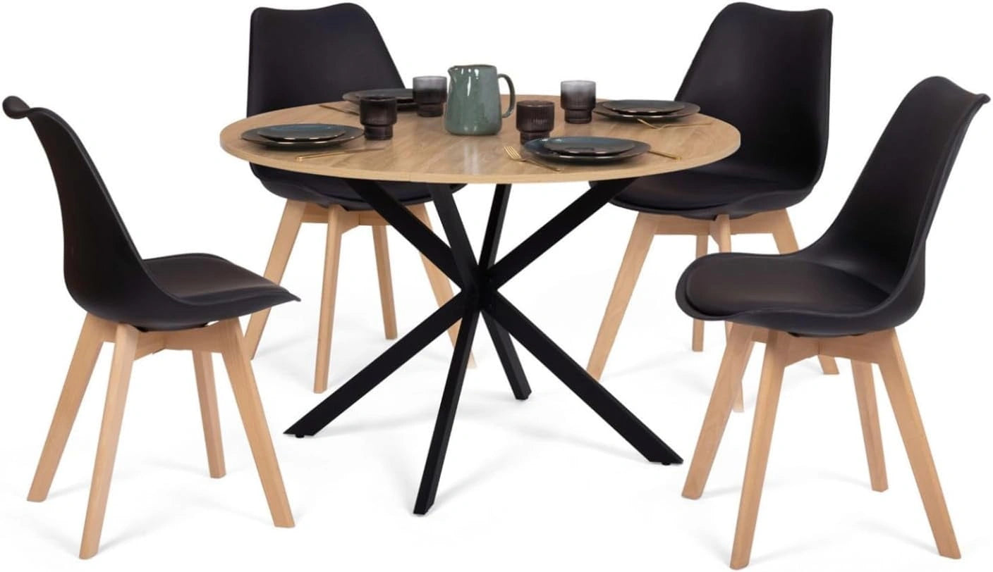 IDMarket - Ensemble Table ¨¤ Manger Ronde Alix 110 cm et 4 chaises SARA, Table bois et noir, 4 personnes, chaises noires