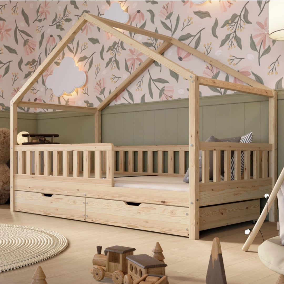Lit Cabane avec Tiroirs Montessori Crazy House 90x190 cm Nature, matelas, 140 cm, 120 cm