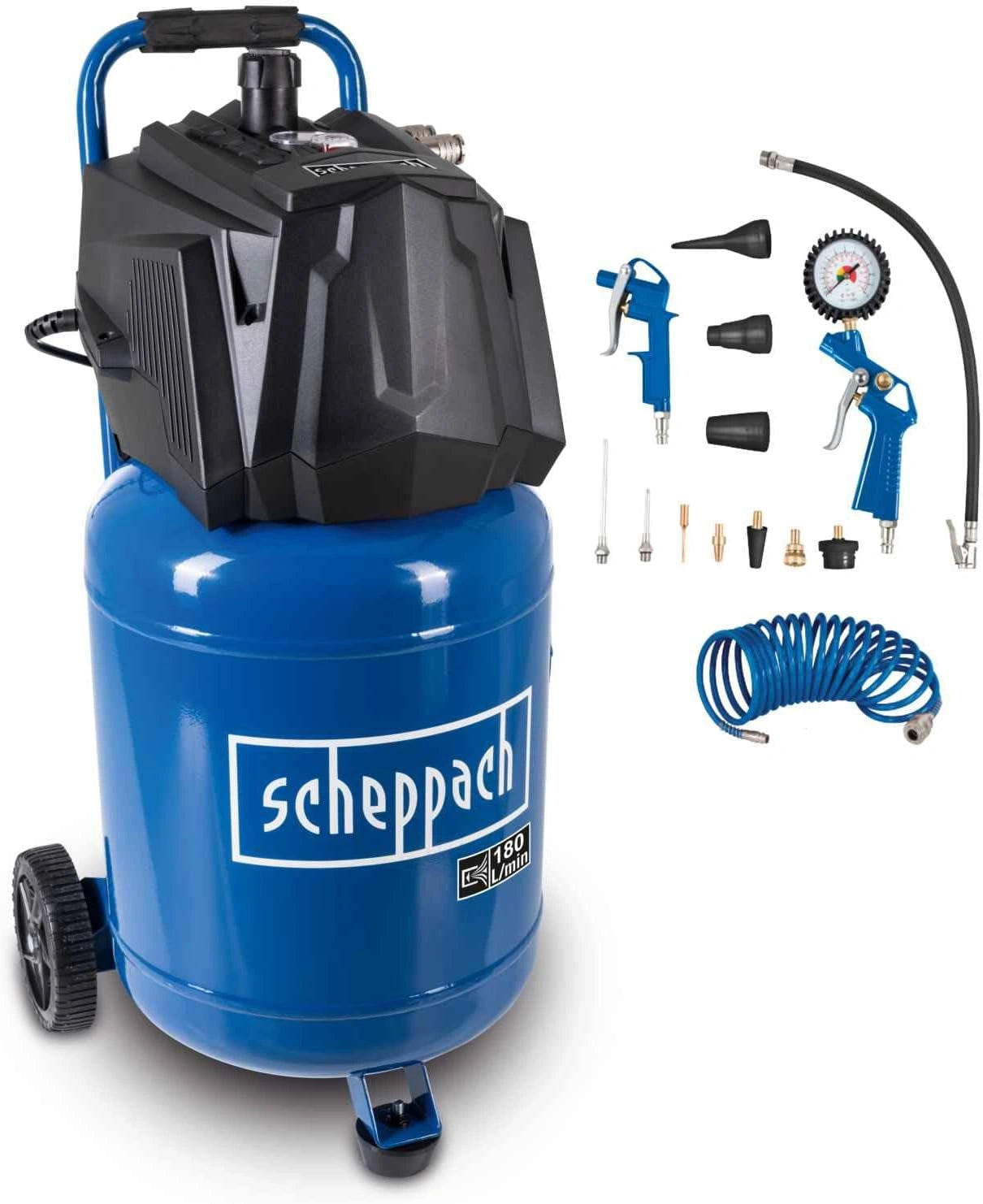 Scheppach Compresseur d'Air HC35 V, 1500 W, 10 Bar, Cuve 30 L, 180 L/min, Manom¨¨tre et R¨¦gulateur de Pression avec 13 Accessoires, Tuyau spiral¨¦ 10 m