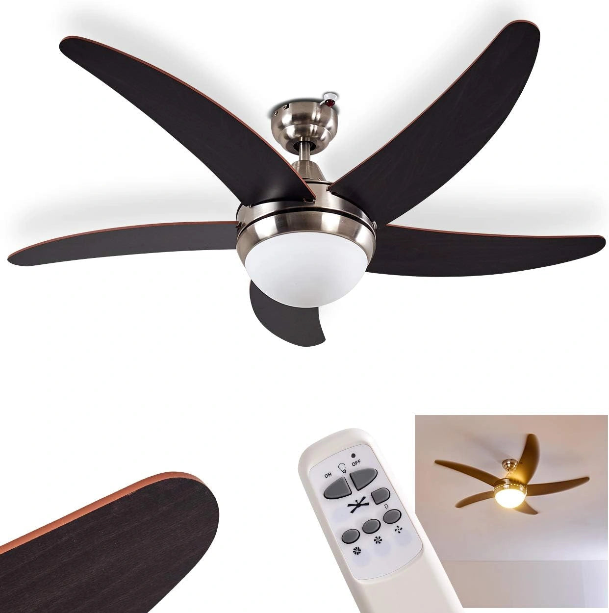 HOFSTEIN Ventilateur de plafond Morino avec ¨¦clairage int¨¦gr¨¦, pour 2 ampoules E14, en m¨¦tal nickel-mat, bois et verre, contr?le par avec t¨¦l¨¦commande