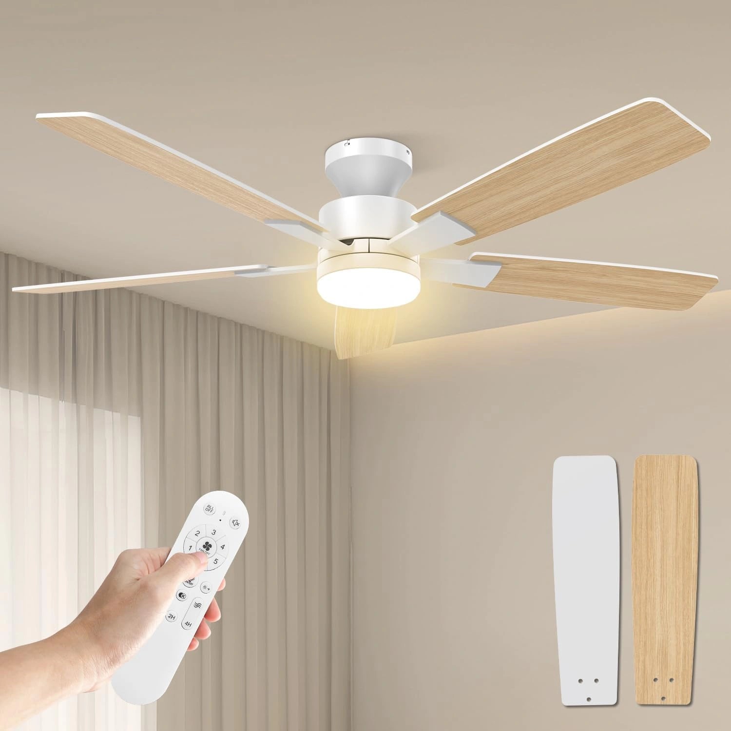 Airwit 132 cm Grand D¨¦bit d'Air Ventilateur Plafond avec Lumi¨¨re Silencieux, pales effet bois/blanc, 6 vitesses, Plafonnier ventilateur, LED dimmable