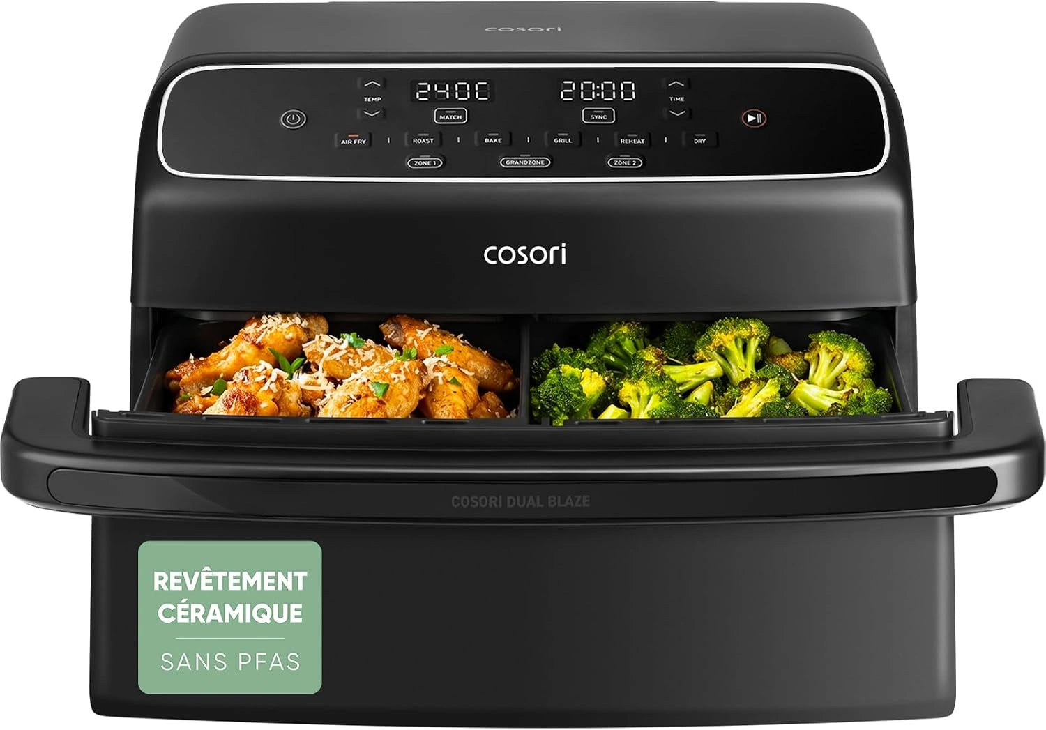 Cosori Air fryer Twinfry compact 8,6 L Rev¨ºtement c¨¦ramique, 4 r¨¦sistances sur 2 niveaux, 6 fonctions, 35-240 ¡ãC, 2700 W, Sans PFAS