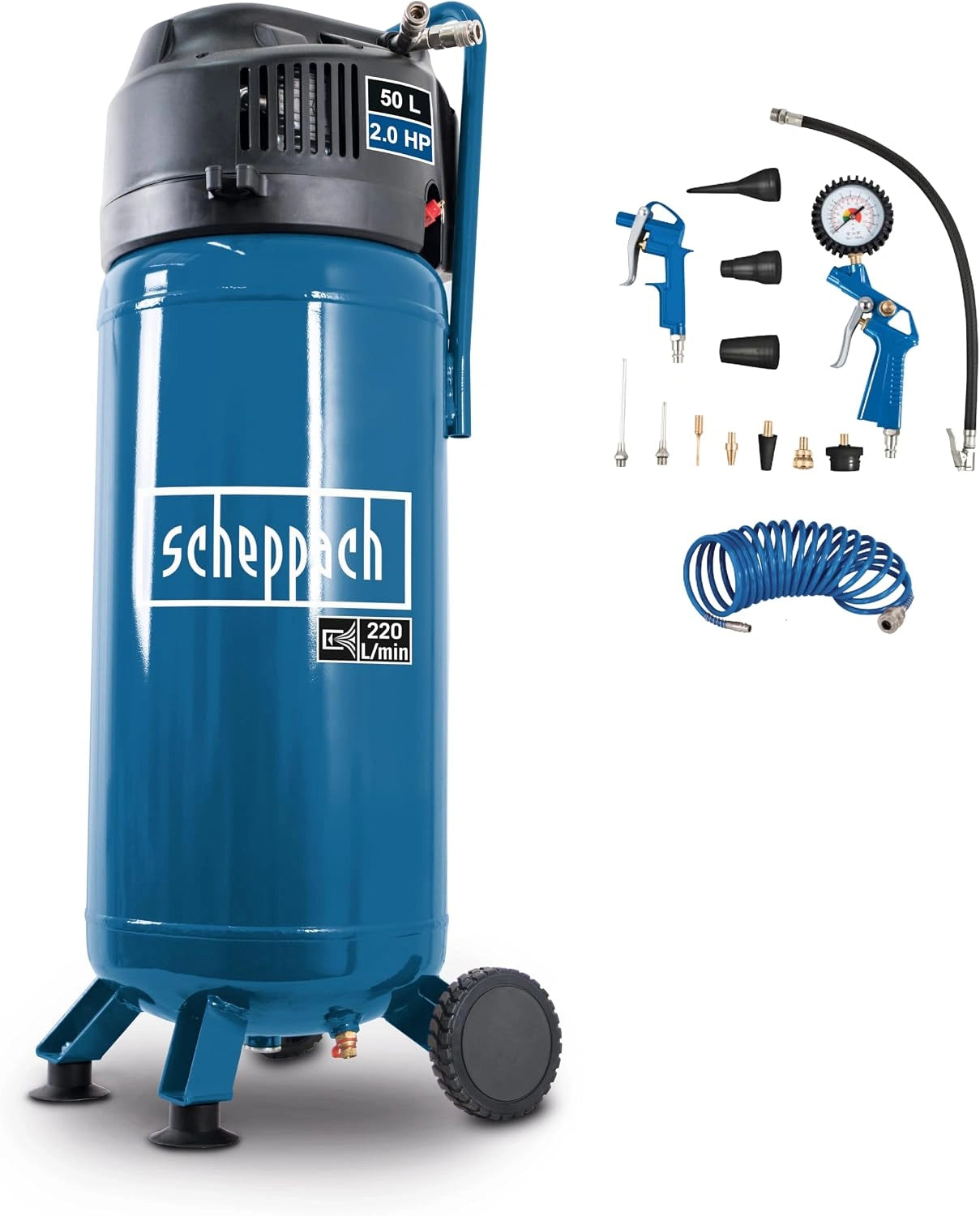 Scheppach Compresseur Vertical HC51 V avec 13 accessoires et 8 m de tuyau, 10 bar, Cuve de 50 L, 1500 W - 2CV, Puissance d'aspiration 220 l/min