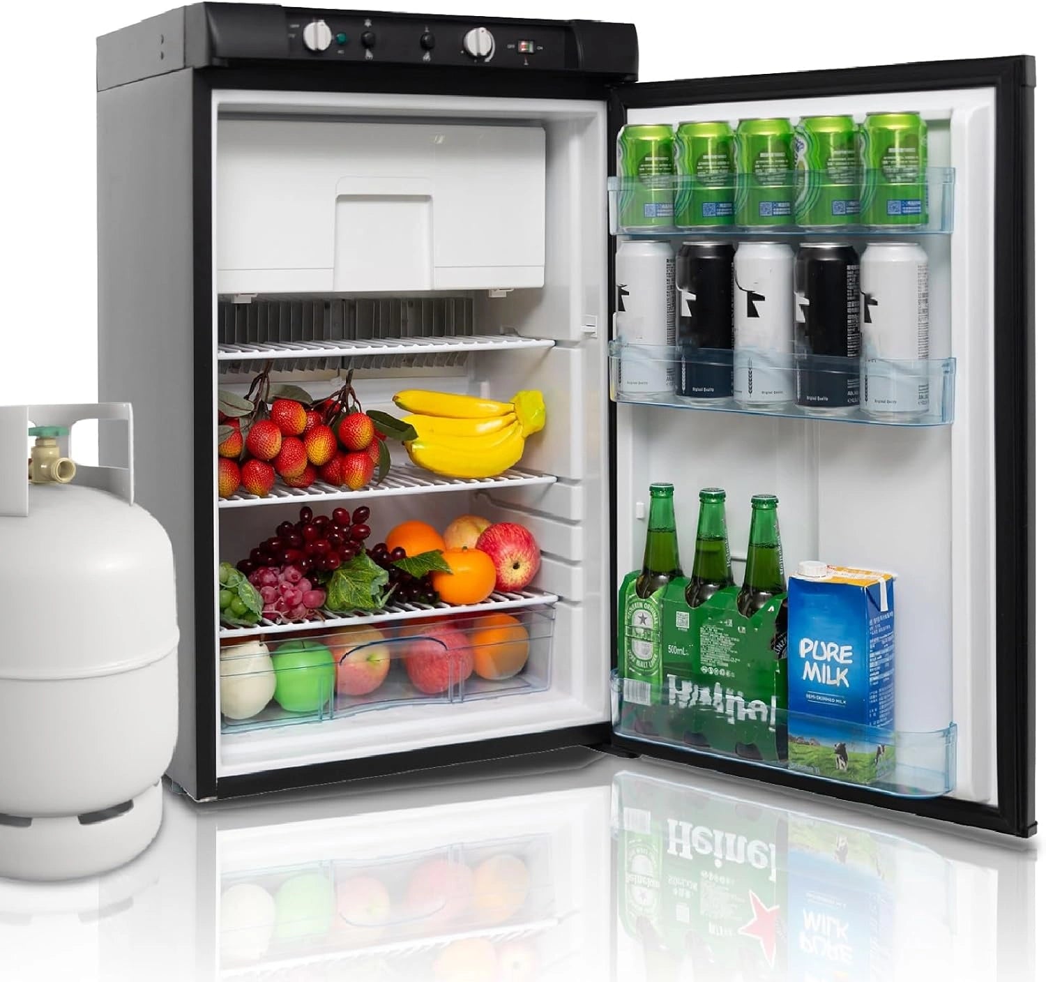 Frigo Trimixte 12 V 220 V Gaz, Noir, 100 L, Mobile-Home, Frigo Gaz avec Cong¨¦lateur pour Camping Car, Caravane, Maison, Chalet, Cabanon