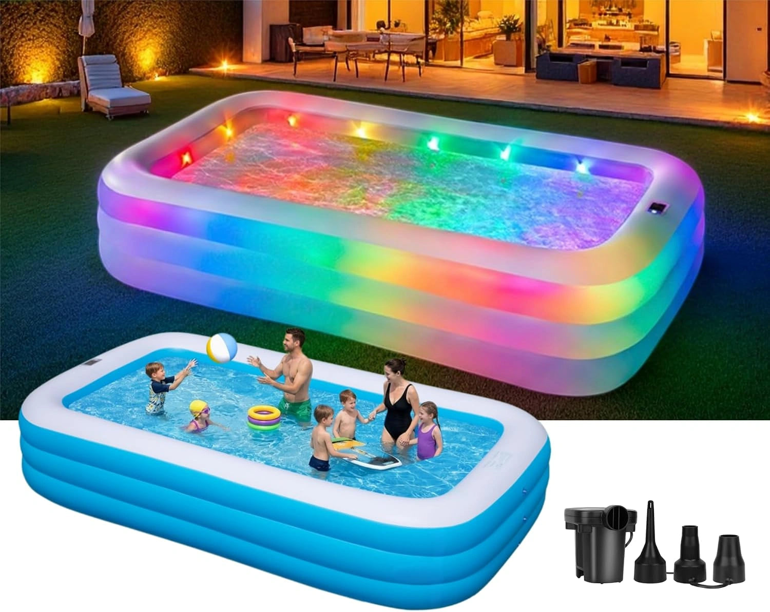 Piscine gonflable pour adultes et enfants, 330,2 x 182,9 x 55,9 cm avec lumi¨¨res, grande piscine gonflable pour famille