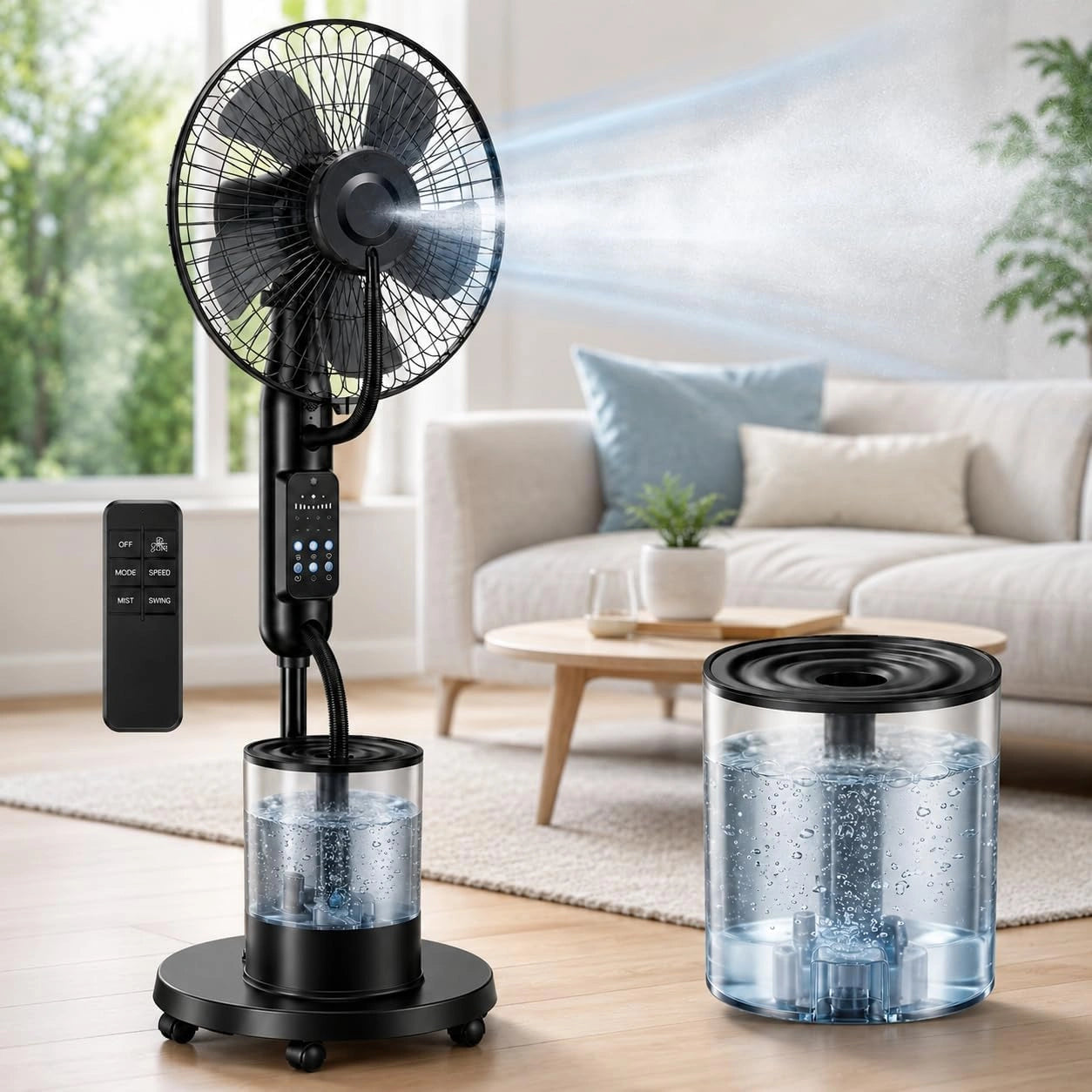 Ventilateur sur Pied Brumisateur 4 L 2026 avec T¨¦l¨¦commande, 5 Vitesses, 3 Modes Refroidissement pour Maison, Grand R¨¦servoir Eau, ¨¦t¨¦ et Ext¨¦rieur