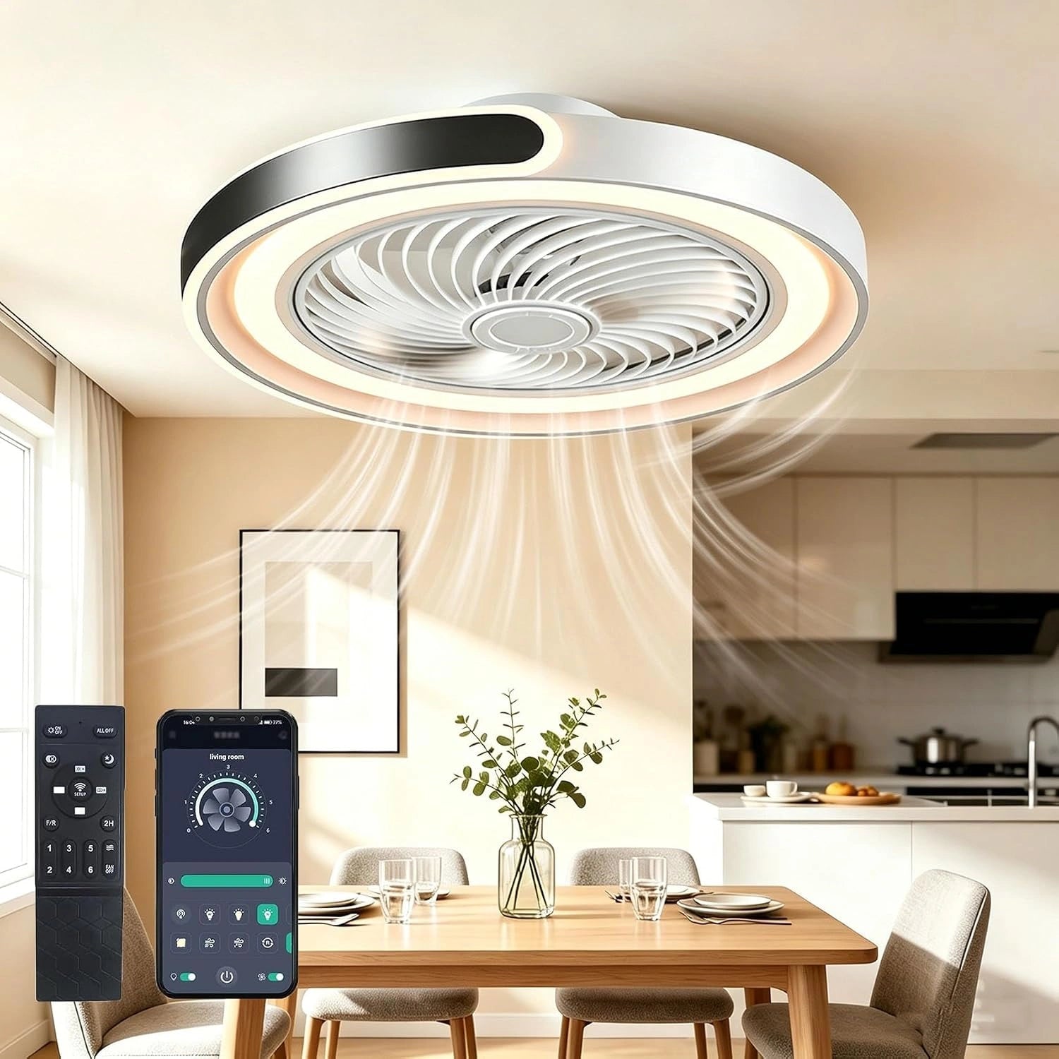 Modernit¨¦ Rond Ventilateur Plafond Silencieux avec Lumiere, Noir, 50 cm Plafonnier Ventilateur LED Dimmable application, 6 Vitesses, Minuterie, Black