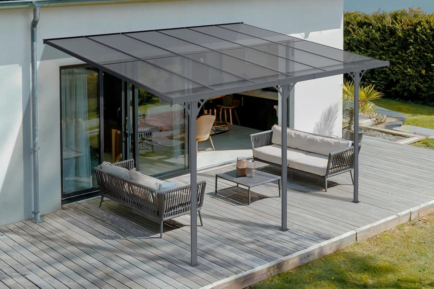 CAZEBOO Carport Pergola Adoss¨¦e Aluminium KLEO 374x300 cm 3,7x3 m 12 m2 Gris Anthracite Design Moderne Protection Terrasse V¨¦hicule Anti-UV