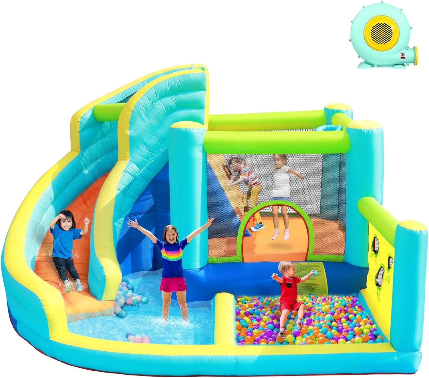 Chateau Gonflable Parc Aquatique pour Enfants avec Toboggan Trampoline Pataugeoire Mur d'escalade et Panier de Basket Grand Chateau Gonflable