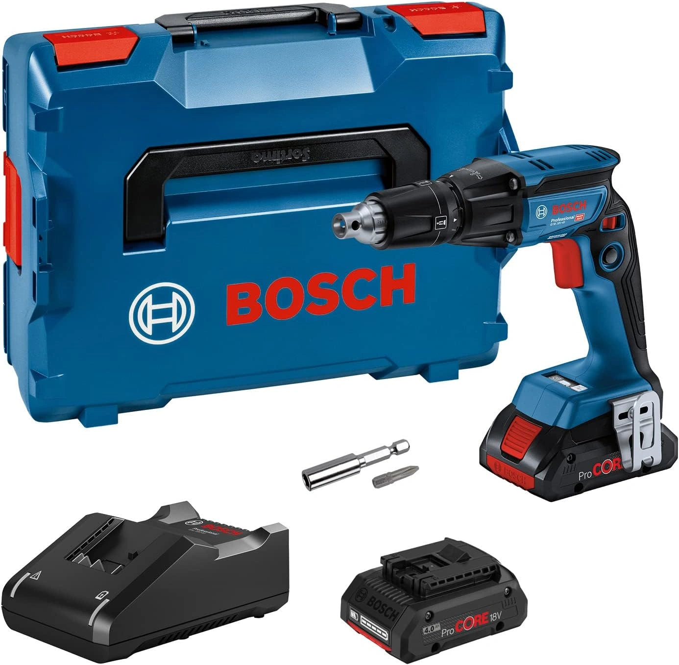 Bosch Professional 18 V System visseuse plaquiste sans-fil GTB 18 V-45 (avec 2 batteries ProCORE18 V 4.0 Ah, chargeur rapide GAL 18 V-40, L-BOXX)