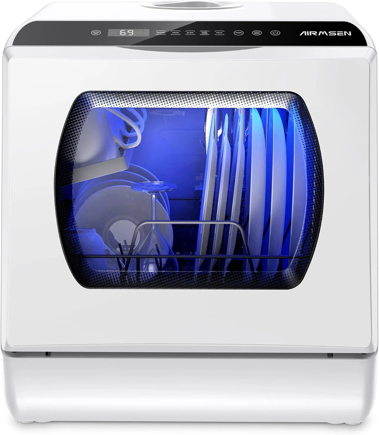 AIRMSEN Mini Lave-Vaisselle de Comptoir, Blanc, 5+1 Programmes, R¨¦servoir d'Eau de 5 L, Contr?le Tactile et ¨¦cran LED, Appartements et Dortoirs