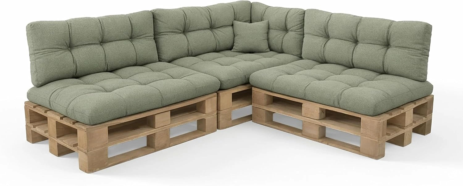 POKAR Set de 8 Coussins Matelass¨¦ pour Palettes Euro: 3X Assise 120x80 cm + 3X Dossier 120x40 cm + 1x Dossier 60x40 cm + 1x Coussin 40x40 cm, Vert