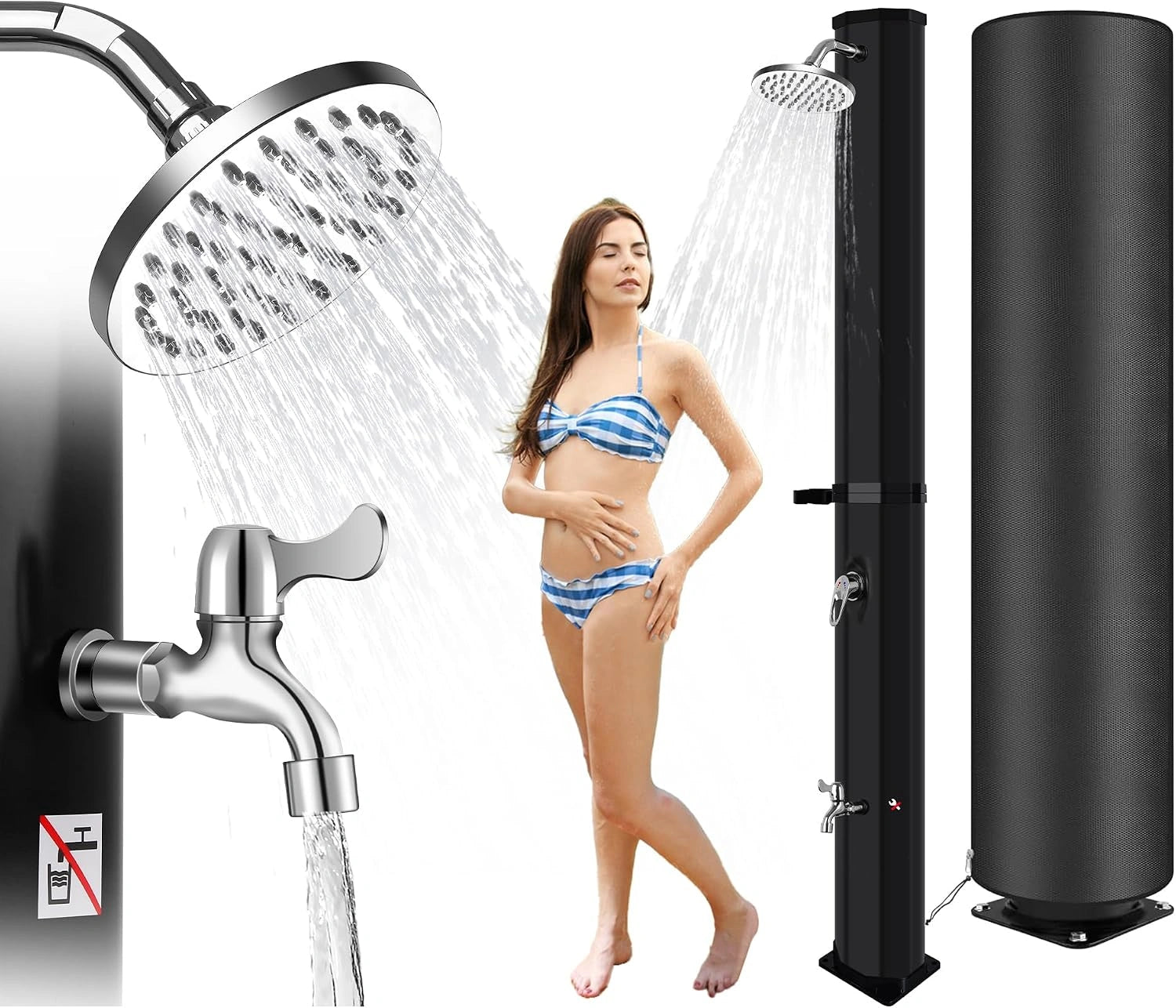 Douche Solaire de Jardin 60 L, Colonne de Douche Ext¨¦rieure avec Housse Anti-Poussi¨¨re, R¨¦servoir Chauffage Solaire, Pommeau Rotatif, Rince-Pieds