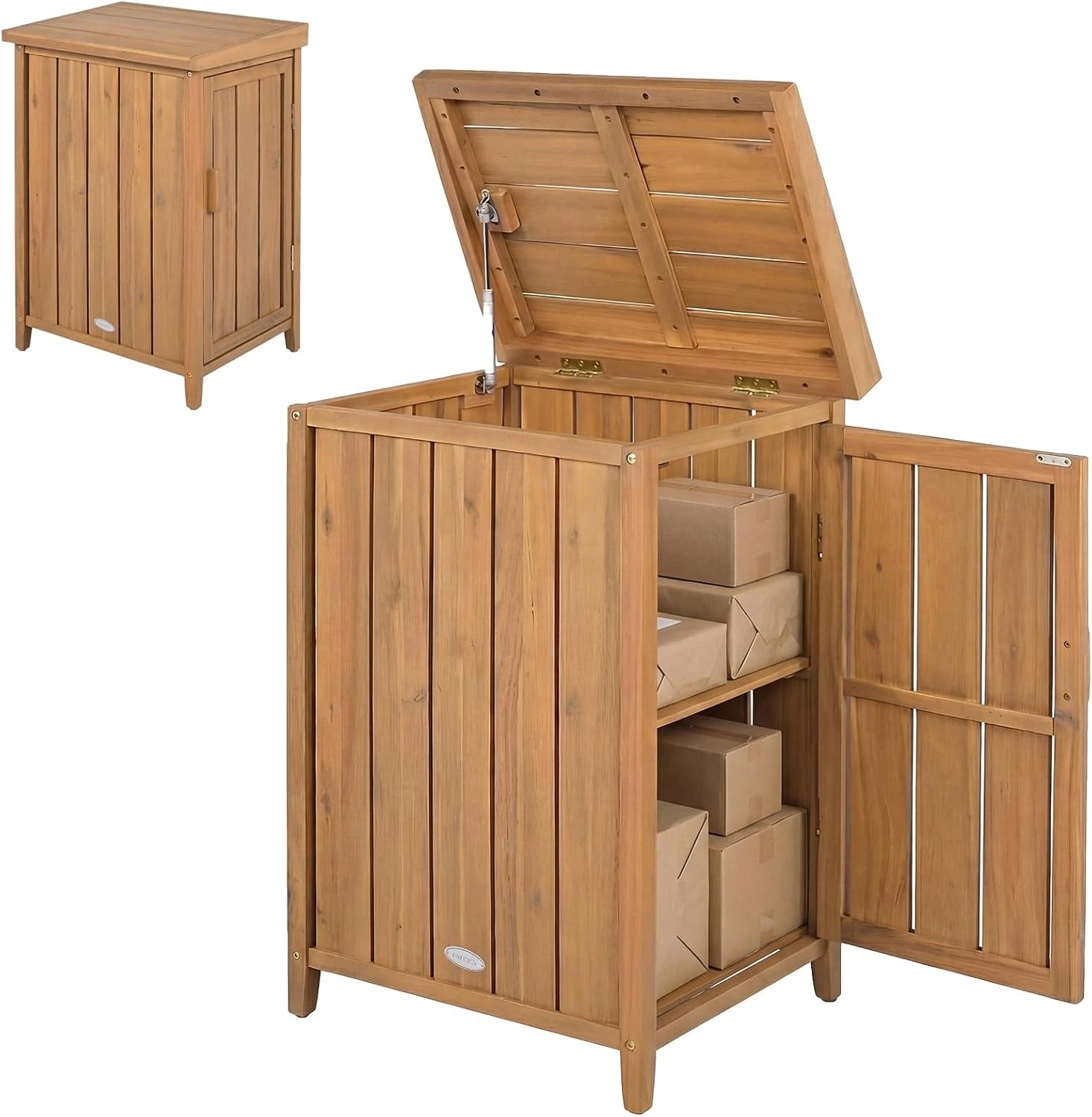 GYMAX Armoire de Jardin en Bois Massif avec ¨¦tag¨¨re Amovible, 46¡Á57¡Á86 cm, Coffre de Rangement Ext¨¦rieur avec Couvercle Ouvrant, Terrasse et Balcon