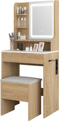 YOURLITE Ensemble de Coiffeuse et Tabouret avec Rangement, Lumi¨¨re avec 3 Couleurs R¨¦glable et Luminosit¨¦ Dimmable, Support S¨¨che-Cheveux et Prise USB