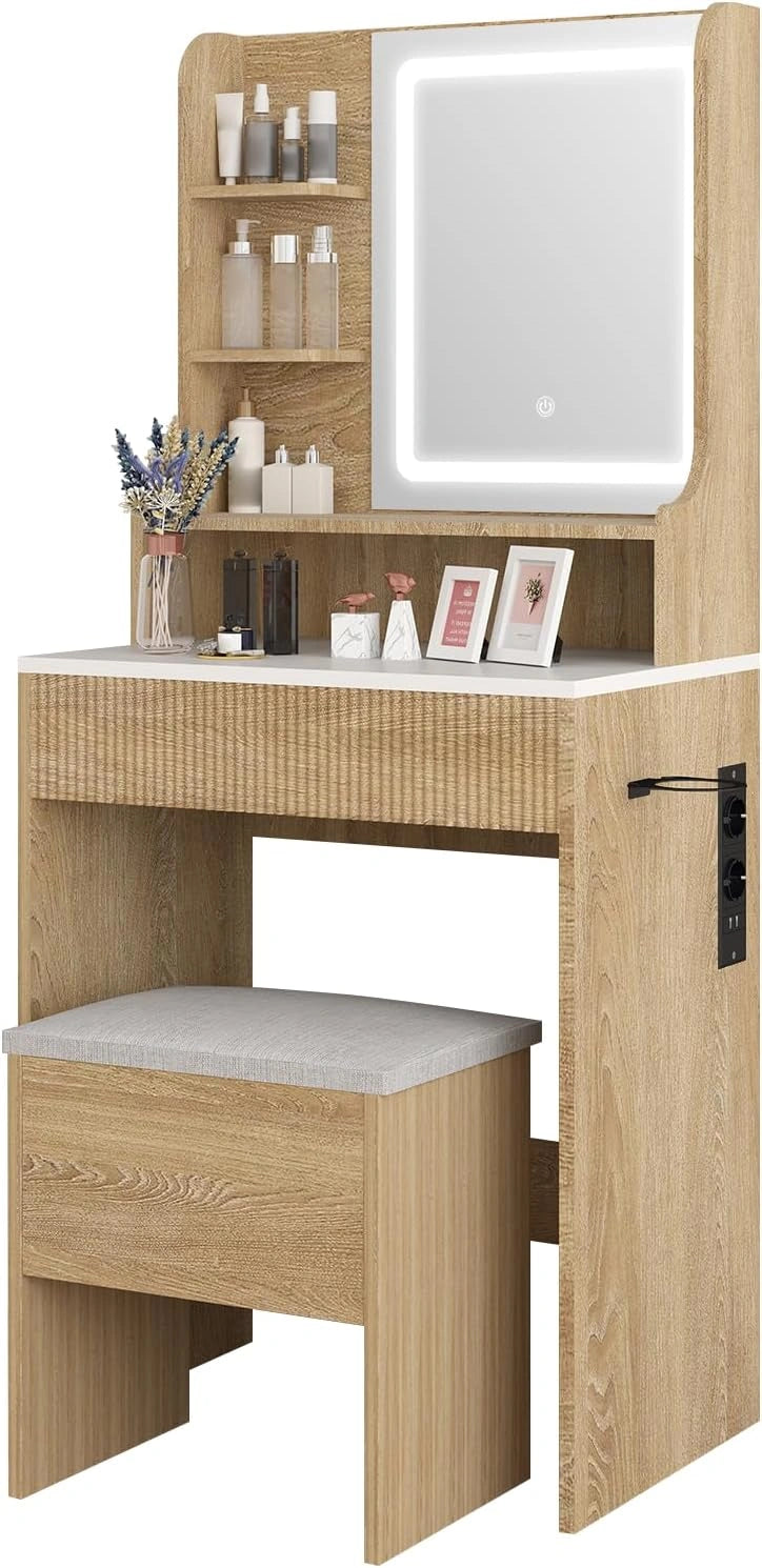 YOURLITE Ensemble de Coiffeuse et Tabouret avec Rangement, Lumi¨¨re avec 3 Couleurs R¨¦glable et Luminosit¨¦ Dimmable, Support S¨¨che-Cheveux et Prise USB