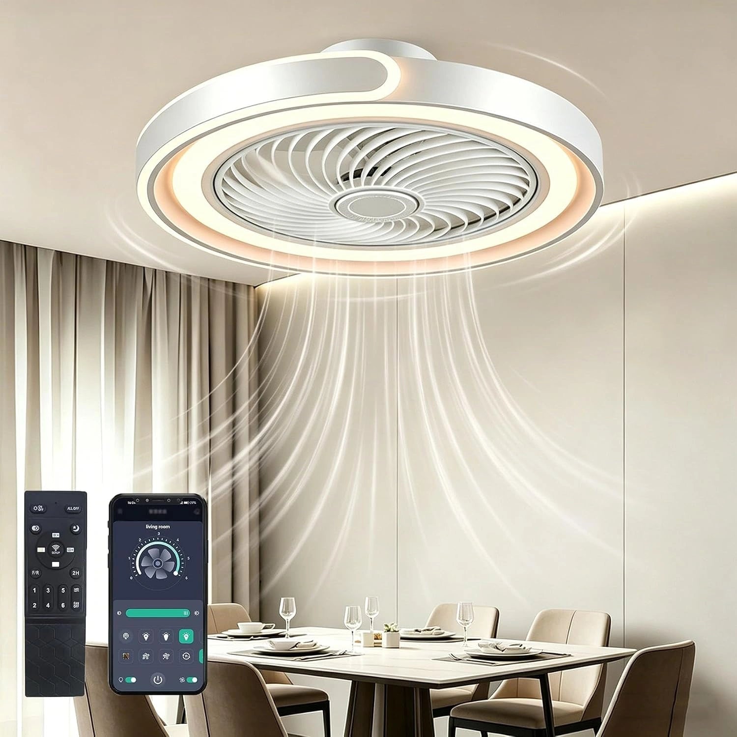 Modernit¨¦ Rond Ventilateur Plafond Silencieux avec Lumiere, pour Salon Chambre Salle ¨¤ Manger Cuisine lampe(blanc), 6 Vitesses, Minuterie
