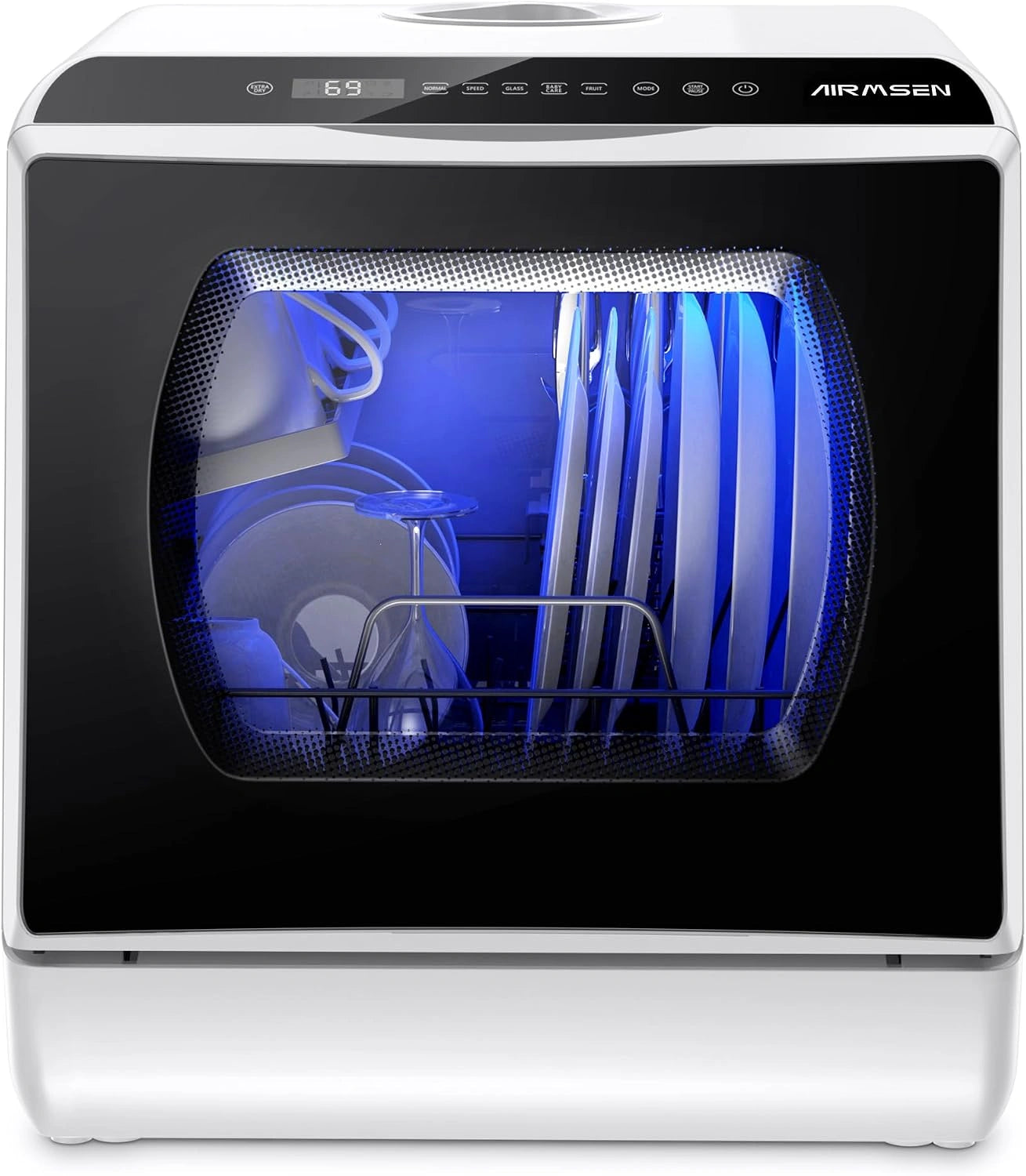 AIRMSEN Mini Lave-Vaisselle de Comptoir, Blanc et noir, 5+1 Programmes, R¨¦servoir d'Eau de 5 L, Contr?le Tactile et ¨¦cran LED