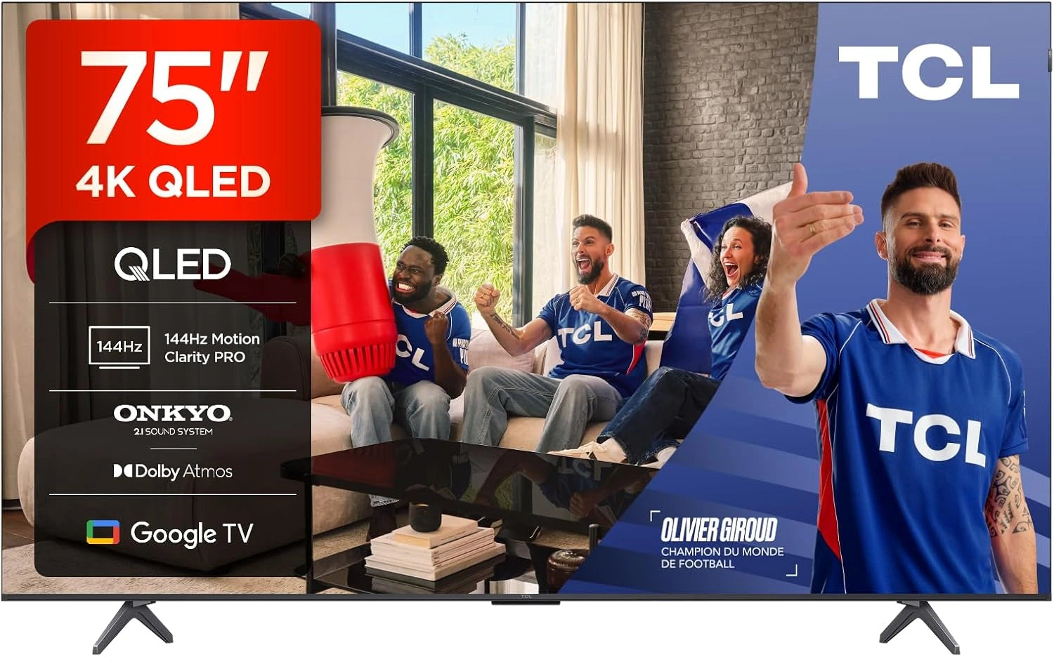 TCL 75T8C 75' QLED 4K HDR Ultra HD TV, 144Hz Motion Clarity Pro, Onkyo 2.1 Sound, Smart TV Powered by Google TV (Dolby Vision et Atmos, Voice Control)