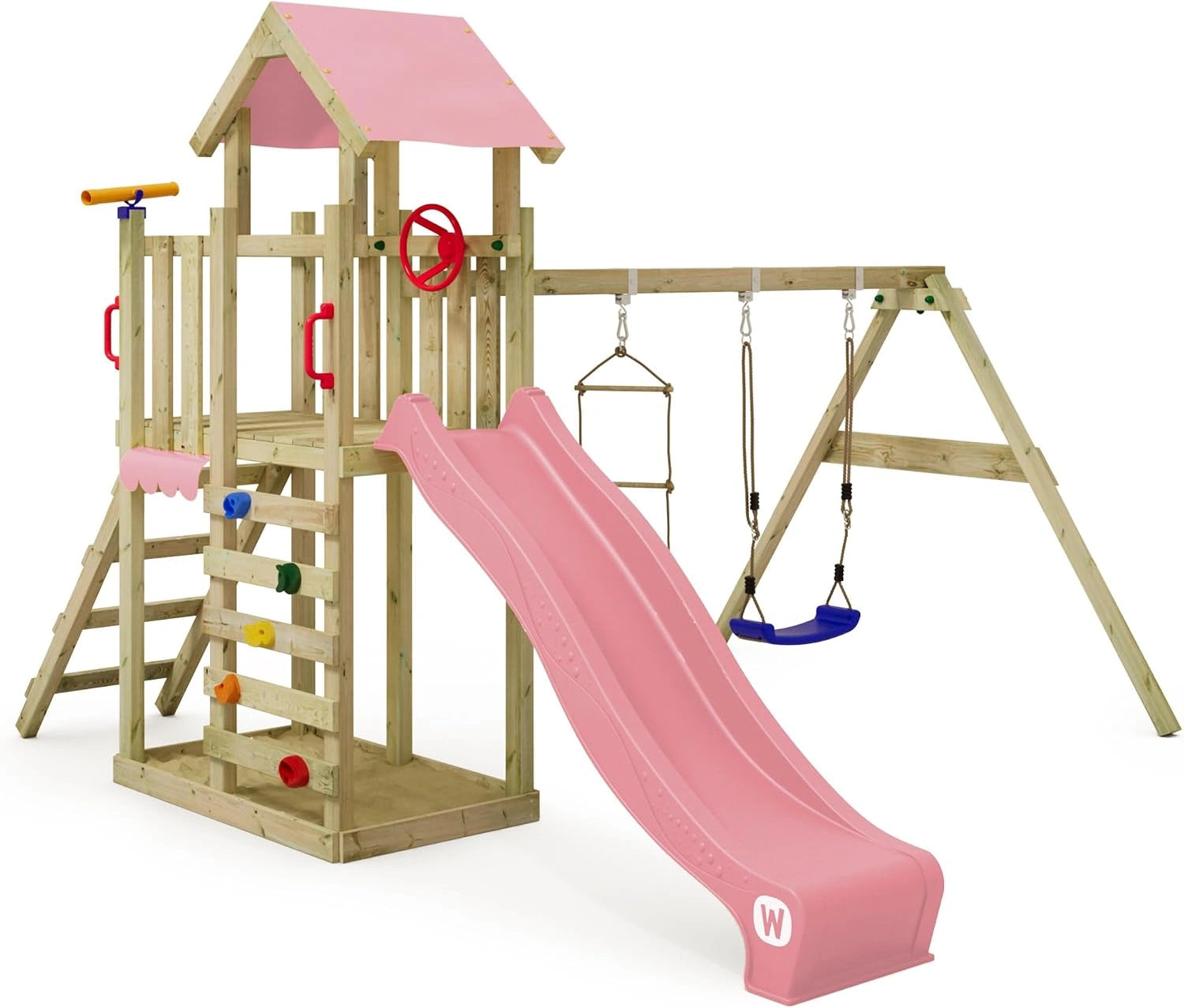 Wickey Aire de Jeux MultiFlyer Light, Rose Pastel, Portique en Bois avec Balan?oire et Toboggan, Tour d'escalade pour Enfants avec Bac ¨¤ Sable