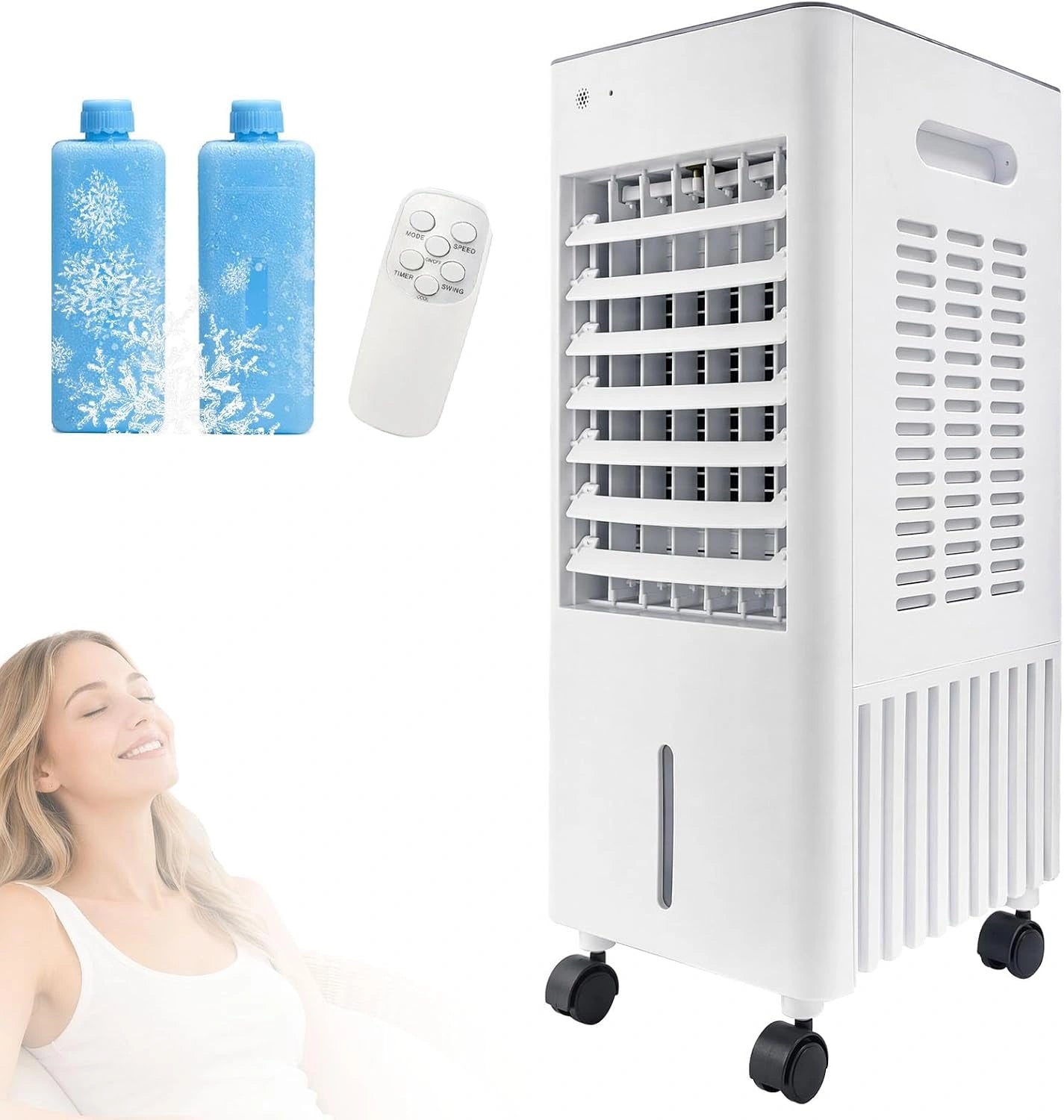Rafra?chisseur d'air 4 en 1 Mobile sans Tuyau d'¨¦vacuation, R¨¦servoir 12 L avec 2 Blocs de Glace, Minuterie 7,5 h, Climatiseur Portable, Purificateur