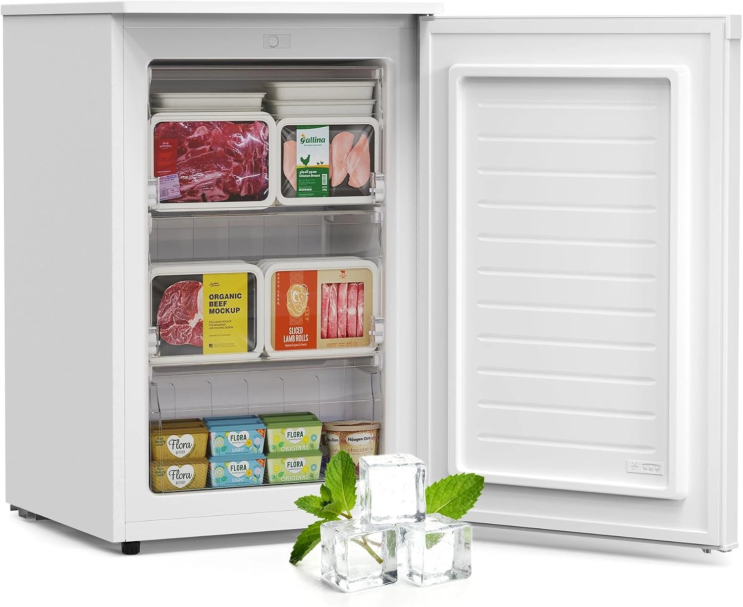 Upstreman 98 L Cong¨¦lateur Armoire, Blanc, Petit Cong¨¦lateur a 3 Compartiments, 84,7 x 55,6 cm, 18¡æ Cong¨¦lation 4 ¨¦toiles, UF98, Porte R¨¦versible