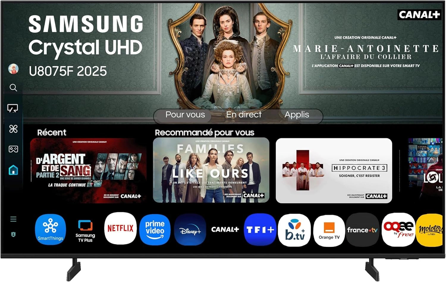 Samsung TV 43 Pouces Crystal UHD 43U8075F 4K Smart TV, Crystal Processor 4K, Wi-Fi, Q-Symphony, Knox Security, Gaming Hub, Bluetooth, Airplay, HDR