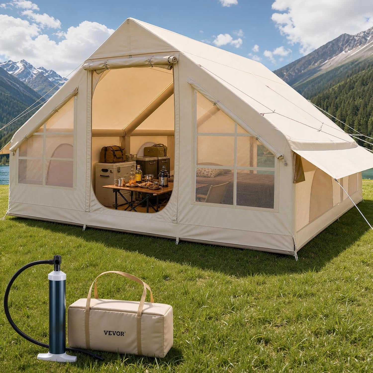VEVOR Tente de Camping Gonflable Tente de Glamping 3 ¨¤ 12 Personnes Oxford 300D Facile ¨¤ Installer