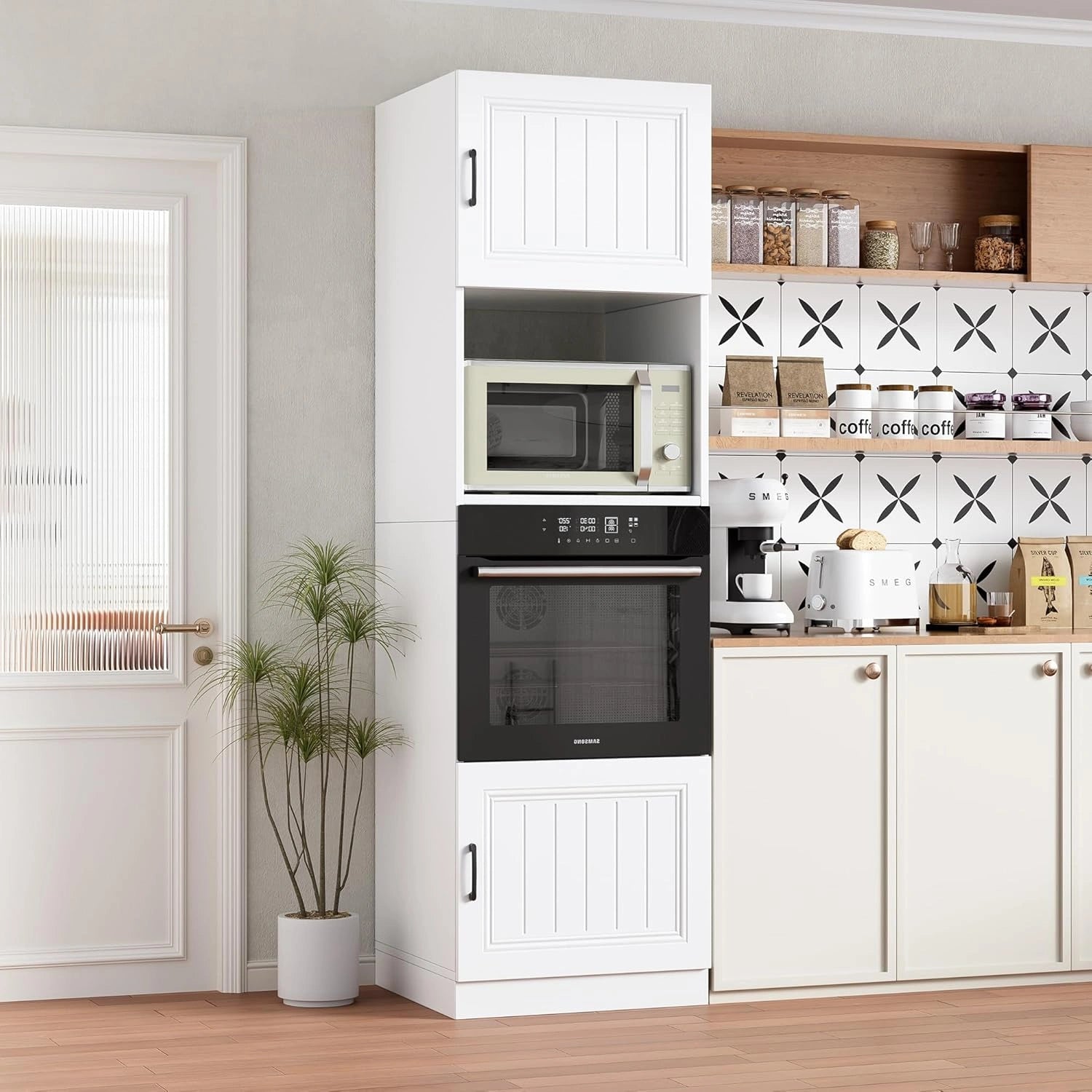MSFE Colonne Four et Micro Onde Encastrable, Blanc Mat, Armoire Micro-Ondes 60x57.2x207 cm, Exp¨¦di¨¦ en 2 Colis, Armoire de Cuisine avec ¨¦tag¨¨re