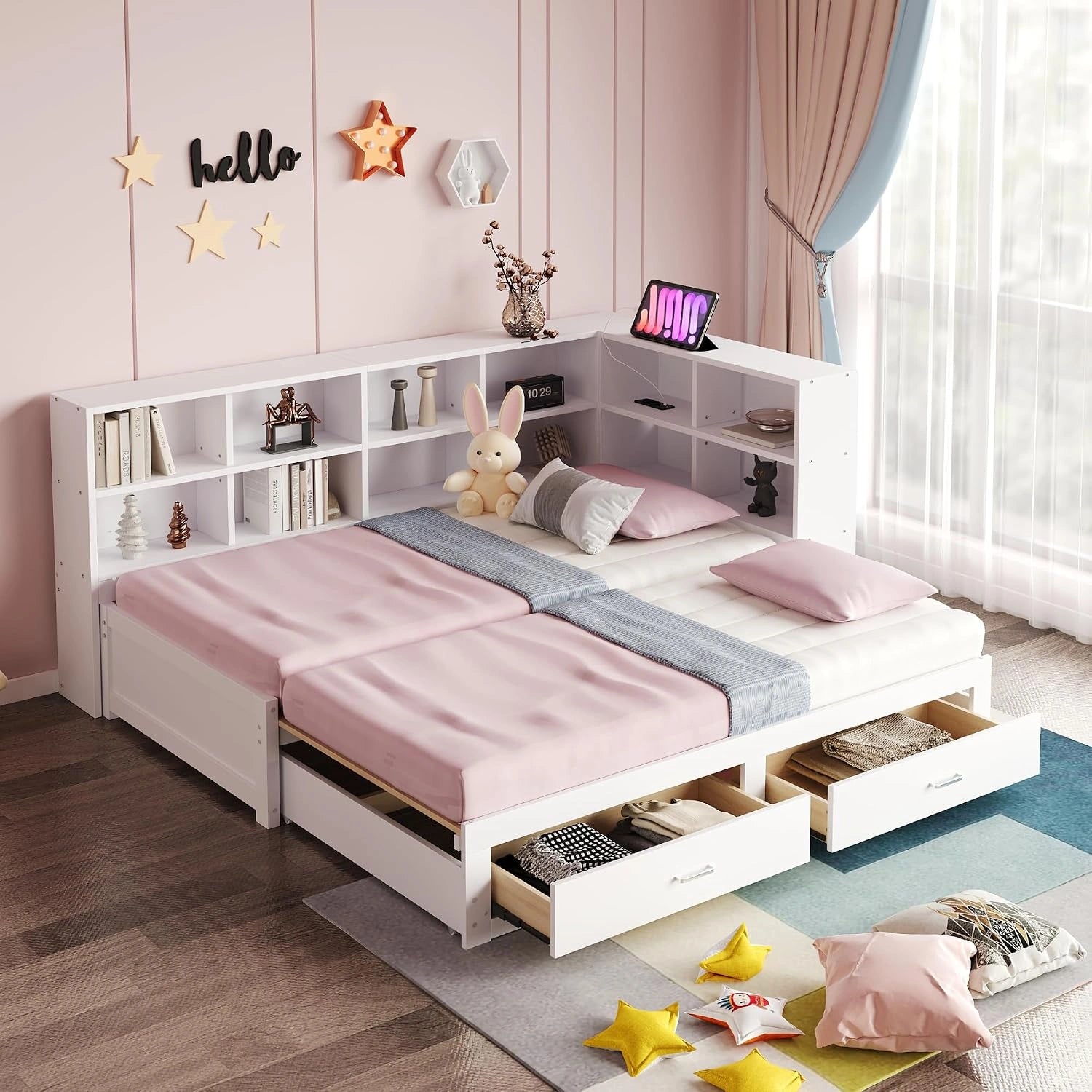 OKMYHOME Lit Gigogne 90x190 cm + 180x190 cm - Lit en Bois avec Rangement et Prise Int¨¦gr¨¦e, Matelas Non - Blanc, Structure Pin et MDF