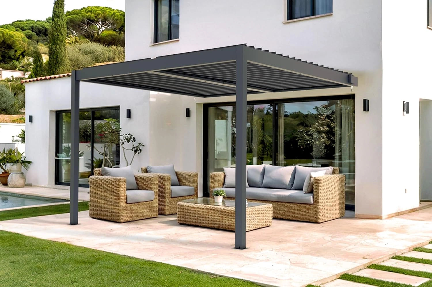 CAZEBOO Pergola Bioclimatique 3x3 m Adoss¨¦e Piana, Tonnelle de Jardin Abri Terrasse Aluminium Taupe, Lames Orientables Acier, R¨¦sistante Vent