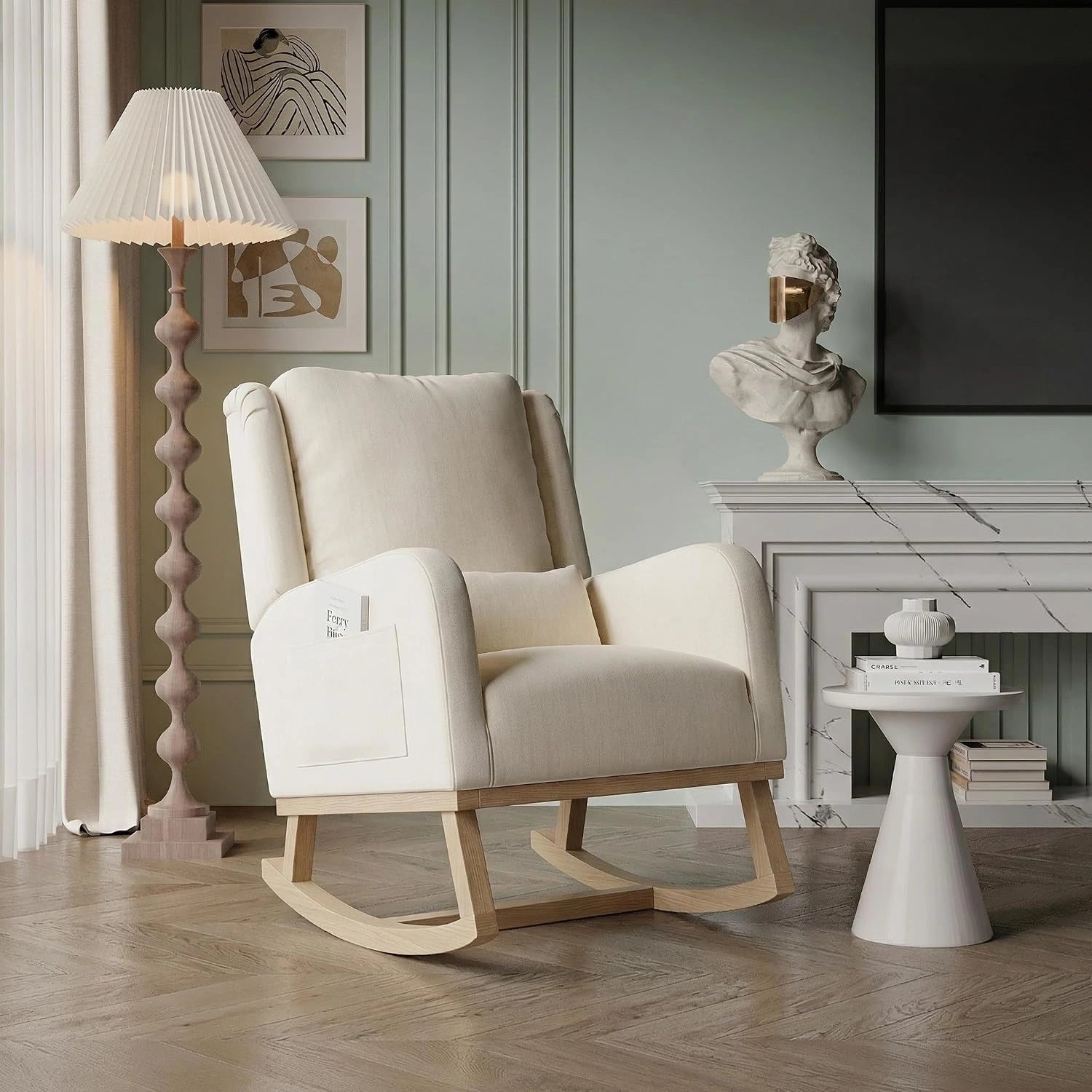 Fauteuil ¨¤ Bascule, pour Salon et Chambre (Beige Lin1, Chaise Ber?ante Ergonomique Beige avec Coussin, Rocking Chair, Tissu Lin, avec Main Courante)