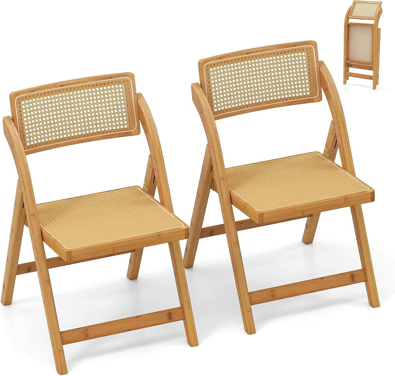 RELAX4LIFE Lot de 2 Chaise Pliante Bois, Charge 150 kg, pour Cuisine Salon (1), Chaises Rotin Salle ¨¤ Manger avec Cadre en Bambou, Dossier Pivotant