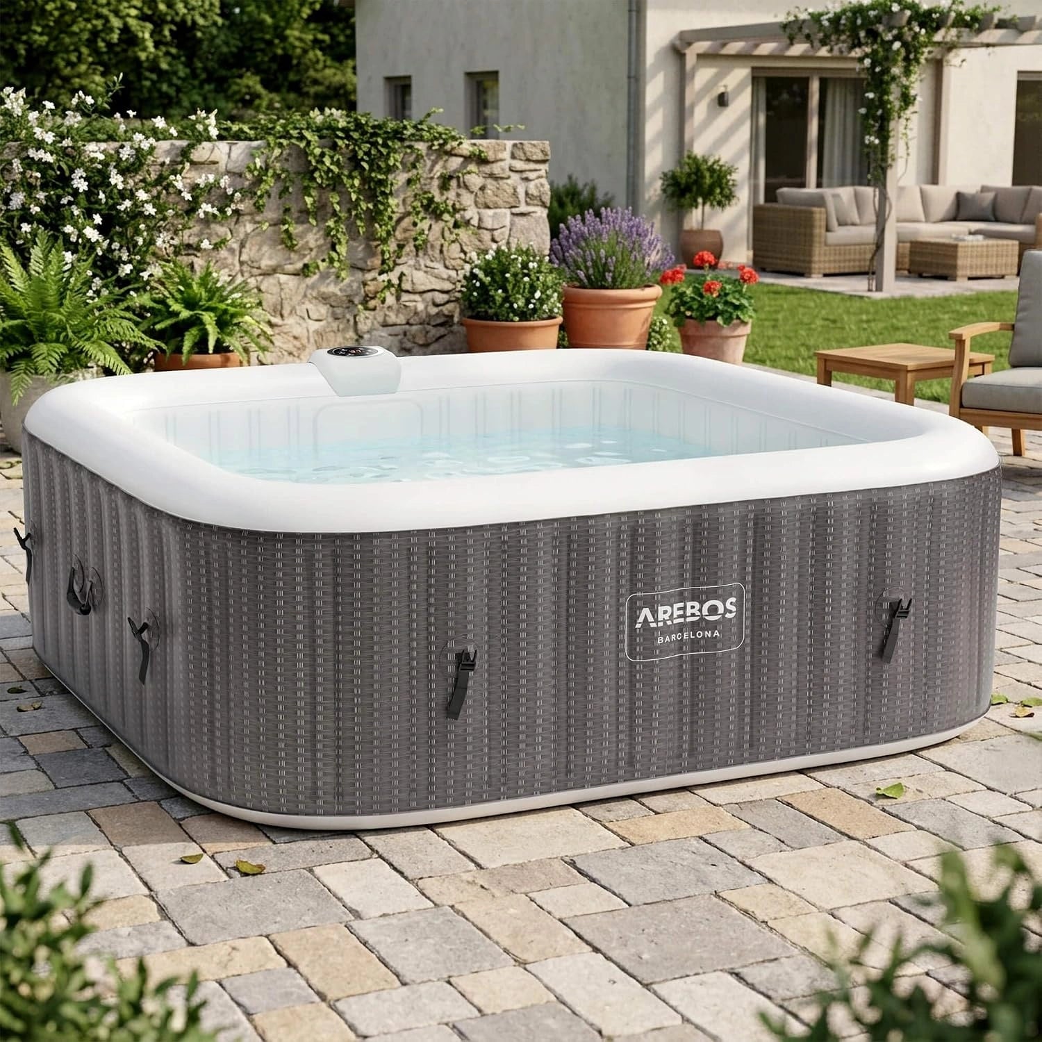 Arebos Spa Gonflable 2400 W, 130 Buses de Massage, 910 L avec Chauffage, pour 6 Personnes 185x185 cm, Piscine d'ext¨¦rieur, Couverture