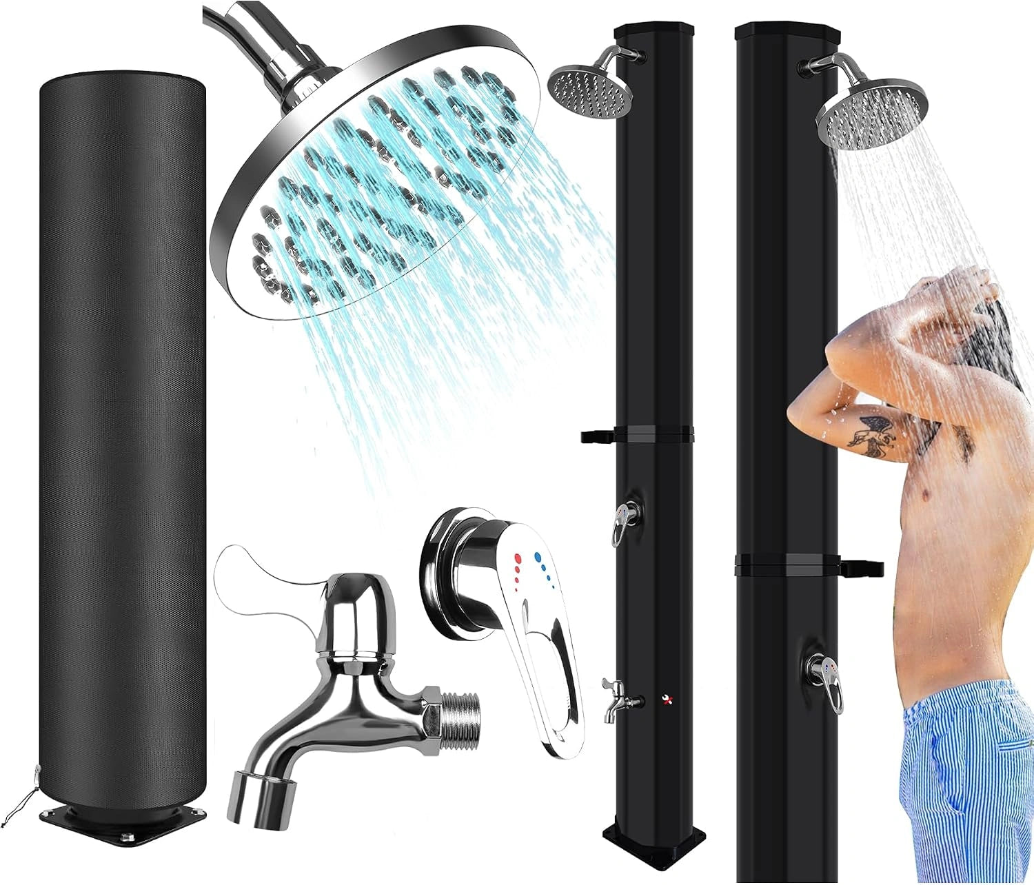 Douche Solaire Jardin 60 L, Noir, Douche Ext¨¦rieure Piscine avec Housse de Protection, Grande Capacit¨¦, Pommeau Orientable, Robinet Lave-Pieds