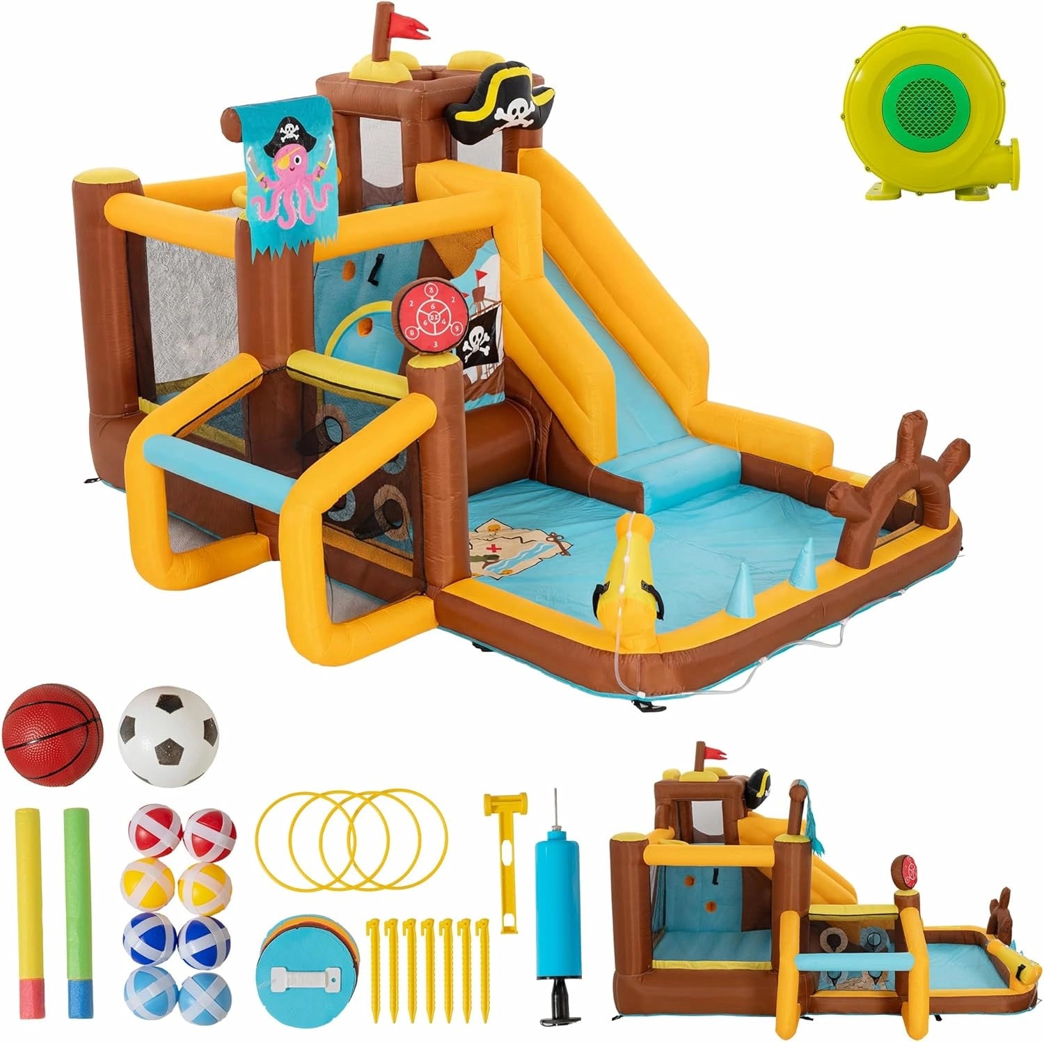 UEV 8 en 1 Chateau Gonflable pour Enfants XXL, 394x326x243 cm, avec Souffleur 450 W, Parc Aquatique avec Zone de Saut, Jeu de Cerceaux, Balles Velcro