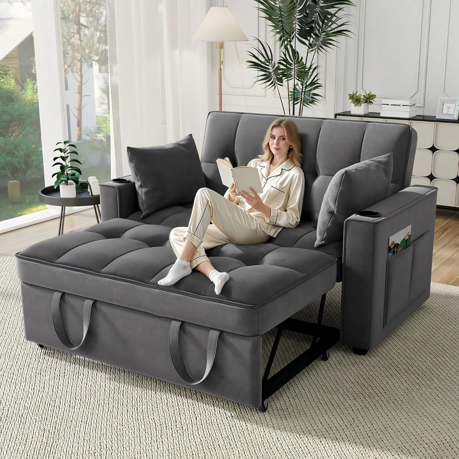 Sapgaks Canap¨¦ 2 Places avec Porte-Boisson et Coussin, Gris, canap¨¦ Convertible 2 Places Angle d'inclinaison du Dossier r¨¦glable, Velours