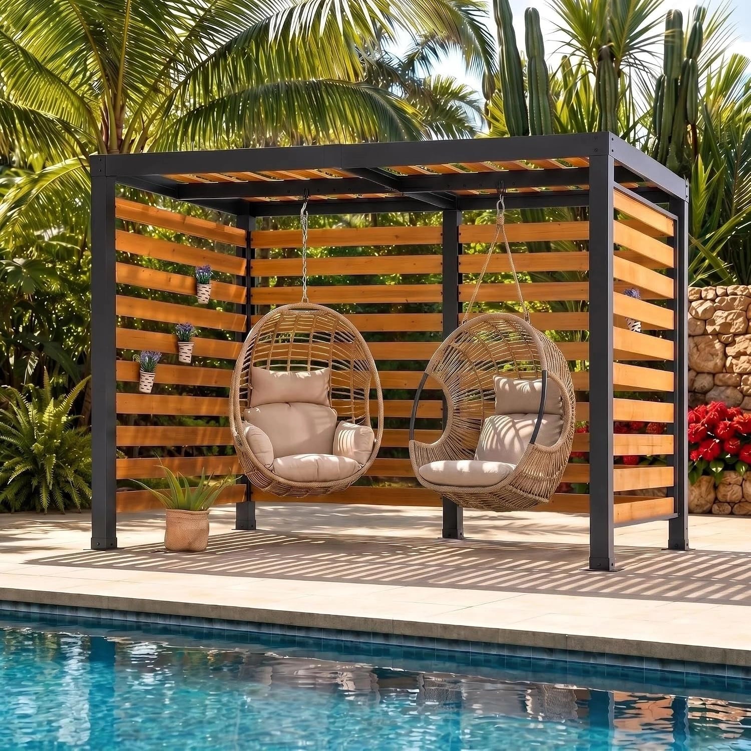 SUNJOY Pergola en Bois de C¨¨dre et Acier 3x2 m, Abri de Terrasse R¨¦sistant aux Intemp¨¦ries, Design Naturel et Robuste