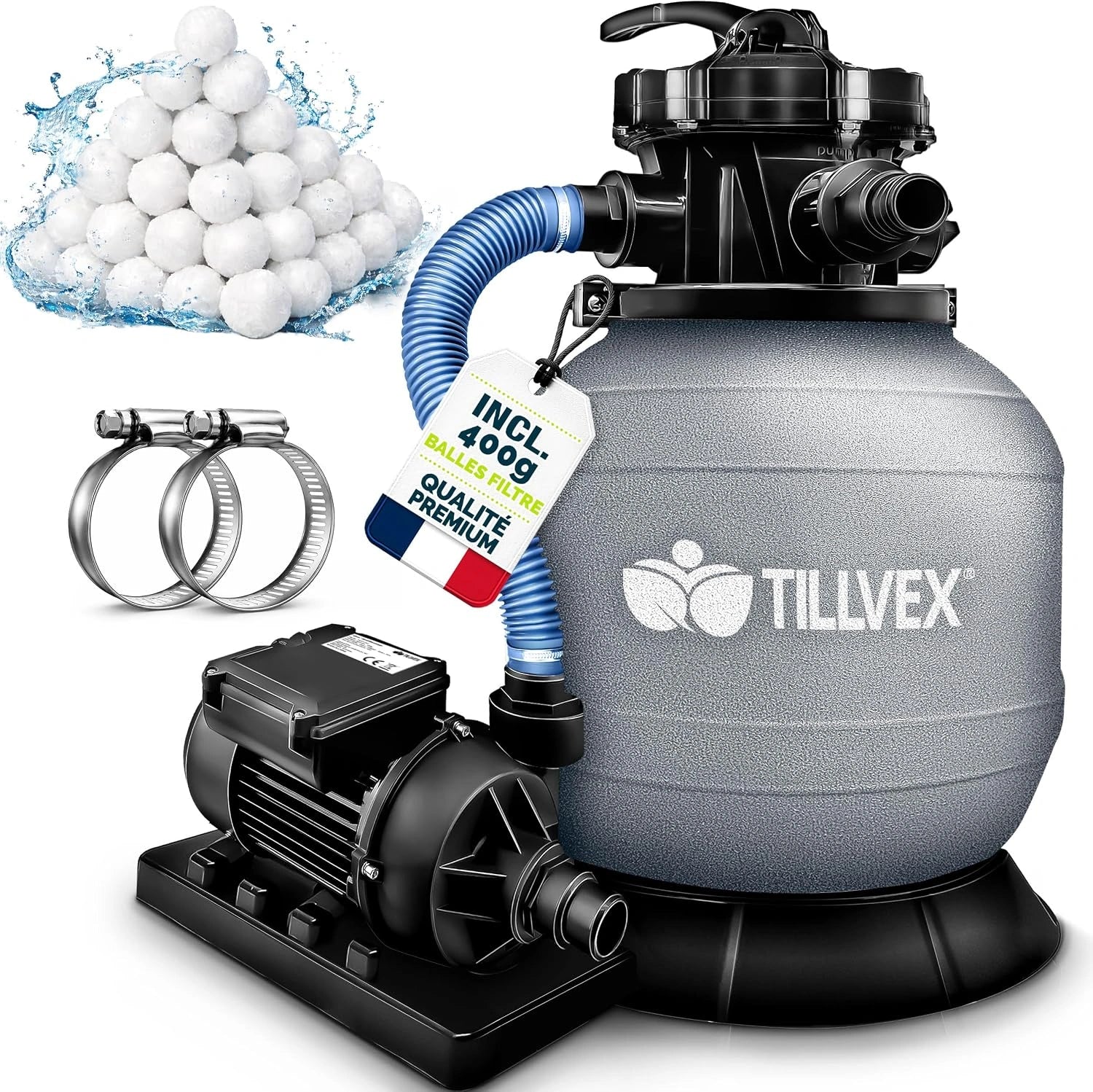 tillvex Syst¨¨me de Filtre ¨¤ Sable 7.900 L/h + 400g Boules de Filtre, Filtre de piscine avec indicateur de pression (Gris)