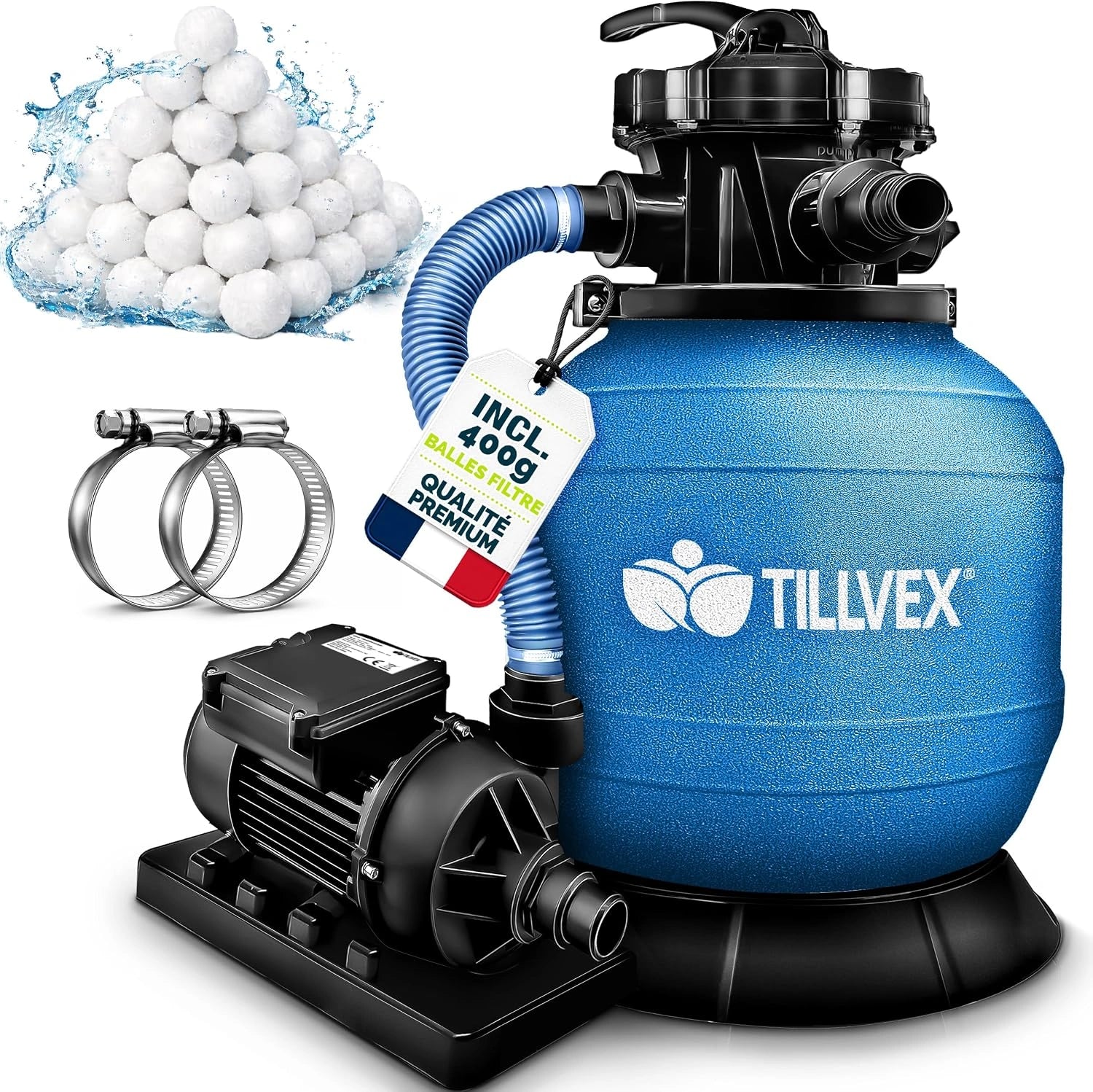 tillvex Syst¨¨me de Filtre ¨¤ Sable 7.900 L/h + 400g Boules de Filtre, Filtre de piscine avec indicateur de pression (Bleu)
