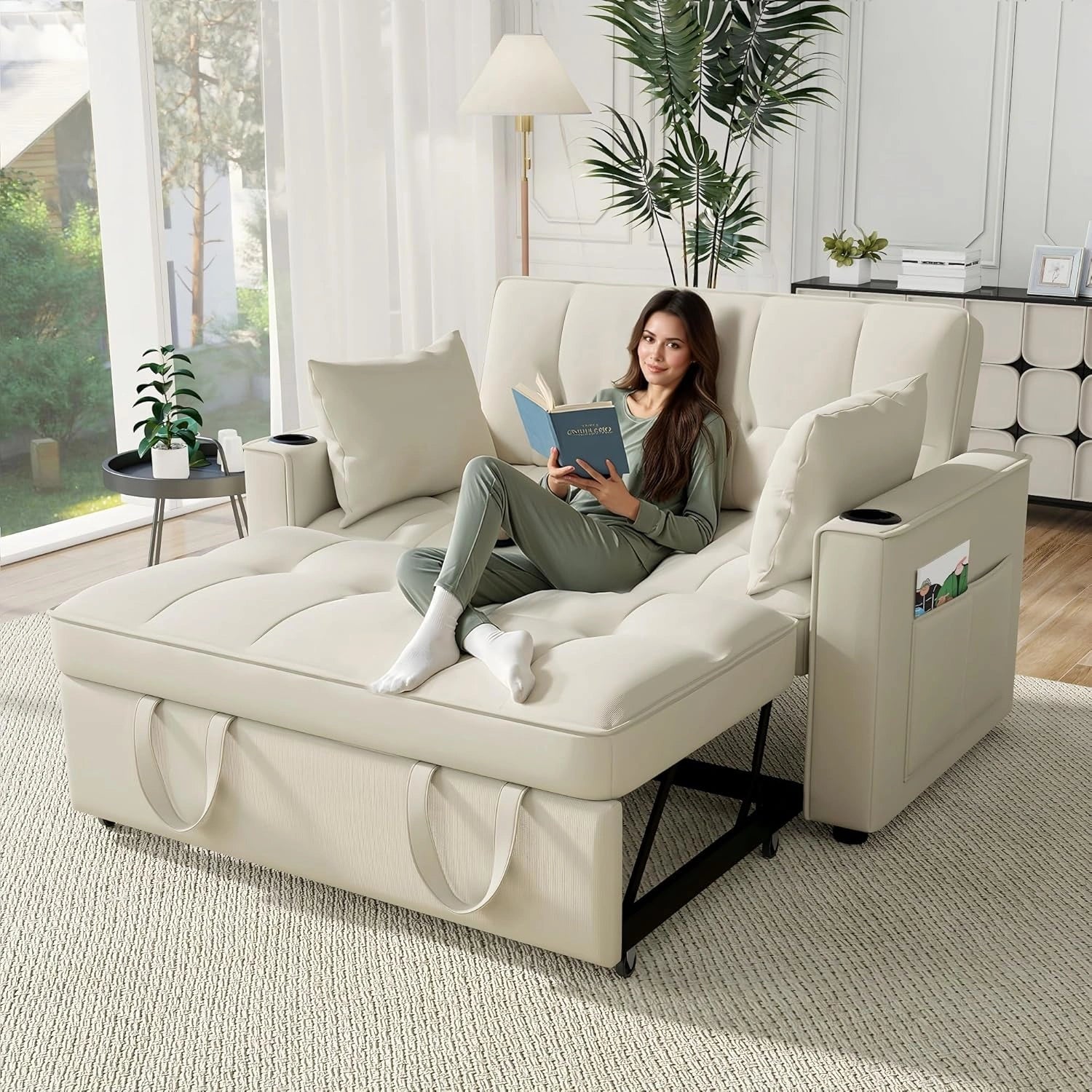 Sapgaks Canap¨¦ 2 Places avec Porte-Boisson et Coussin, Beige, canap¨¦ Convertible 2 Places Angle d'inclinaison du Dossier r¨¦glable, Velours